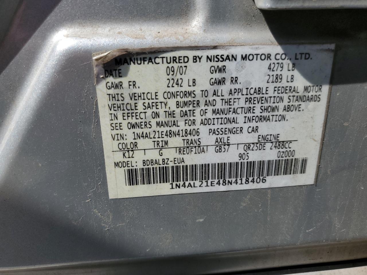 1N4AL21E48N418406 2008 Nissan Altima 2.5