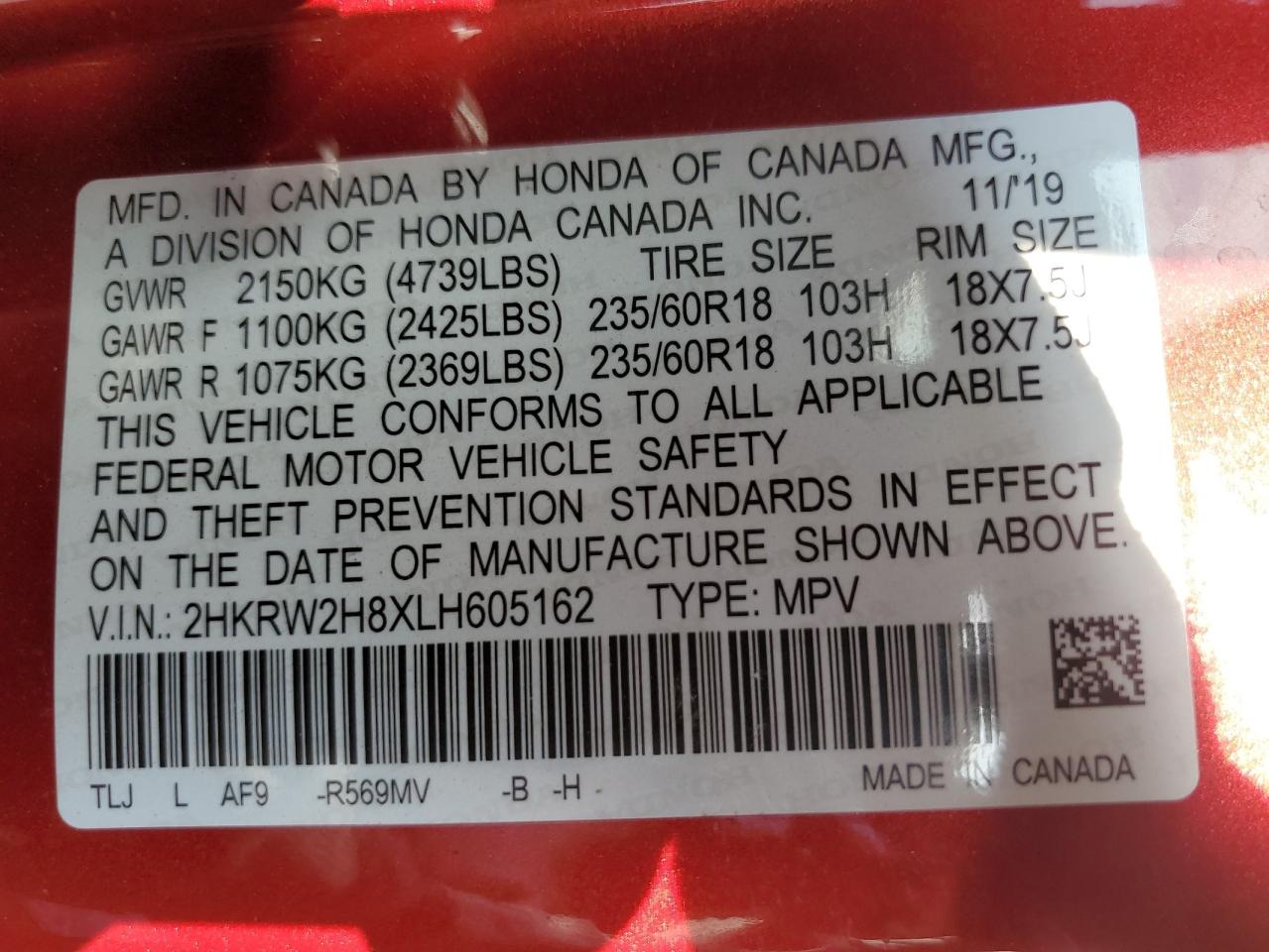 2020 Honda Cr-V Exl VIN: 2HKRW2H8XLH605162 Lot: 66535694