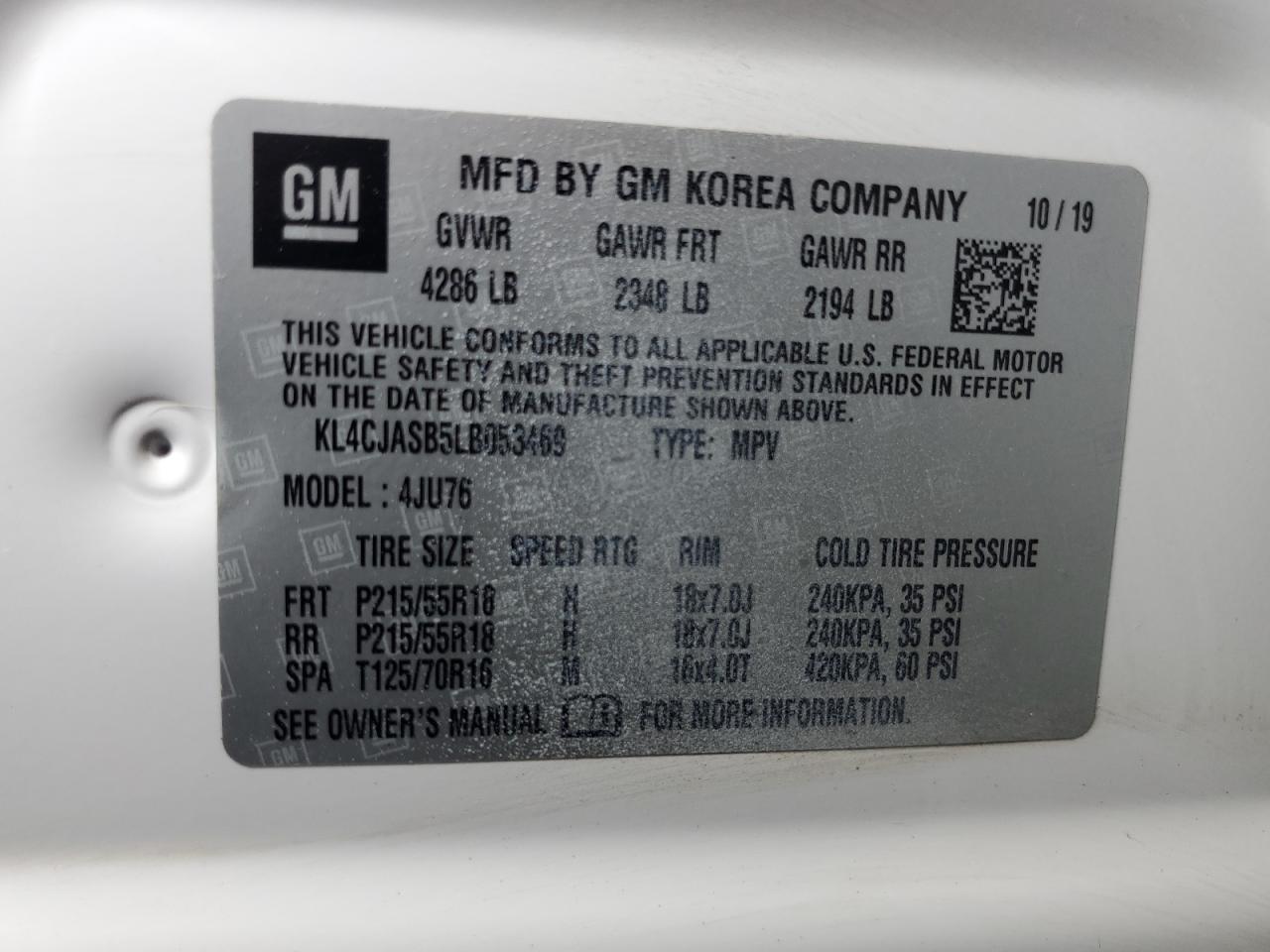 2020 Buick Encore Preferred VIN: KL4CJASB5LB053469 Lot: 65652394