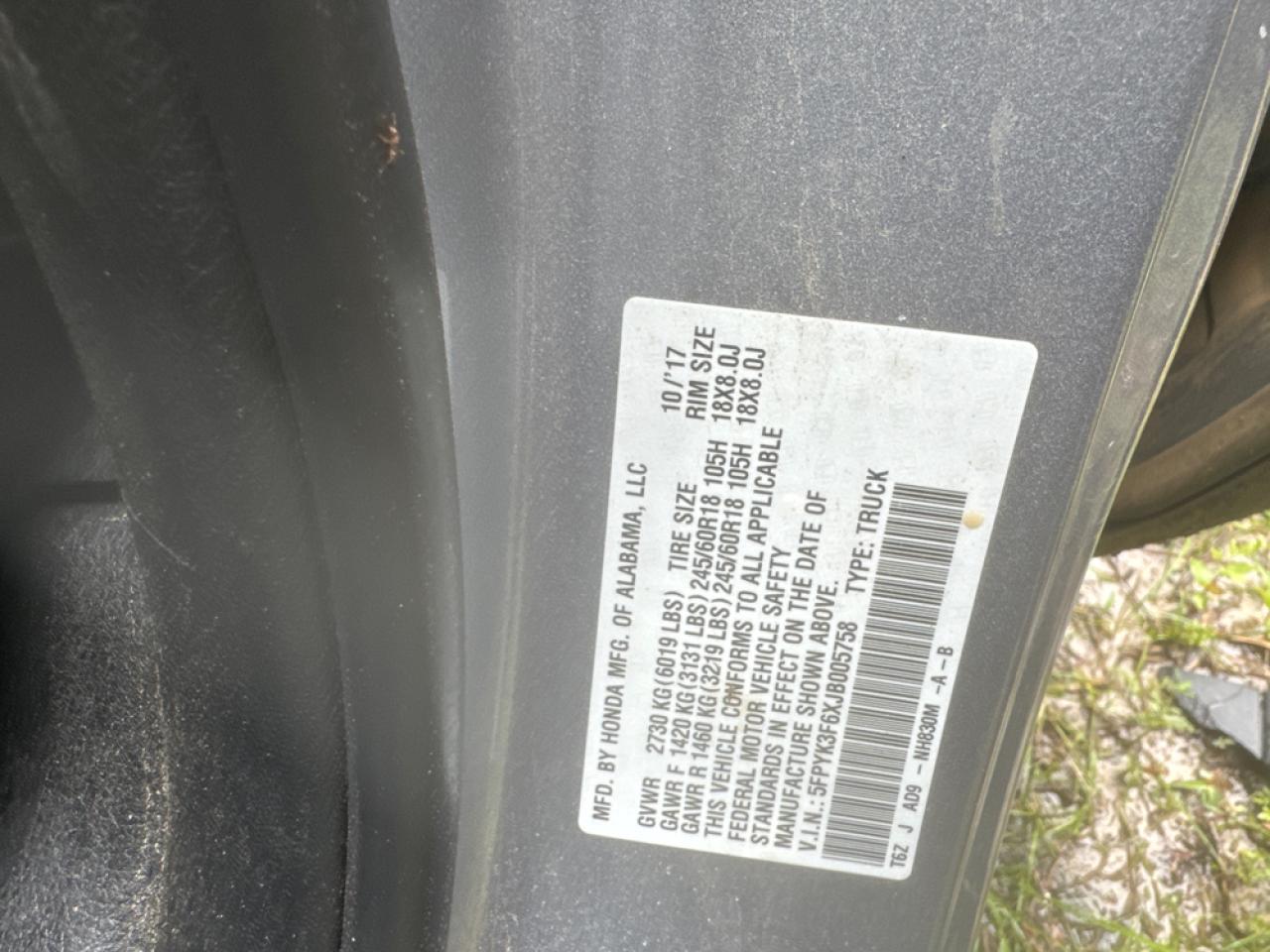 2018 Honda Ridgeline Rtl VIN: 5FPYK3F6XJB005758 Lot: 80428995