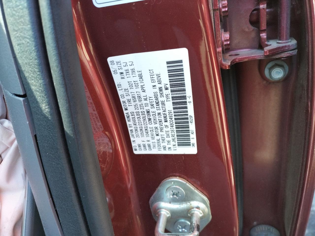 2008 Honda Cr-V Exl VIN: JHLRE38748C049291 Lot: 65473194