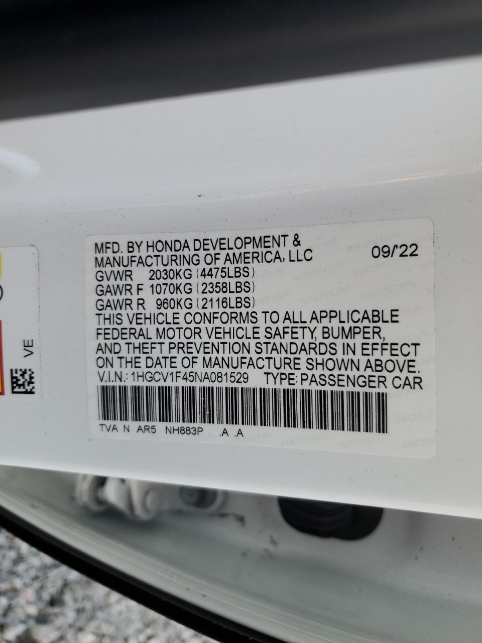 1HGCV1F45NA081529 2022 Honda Accord Sport Se