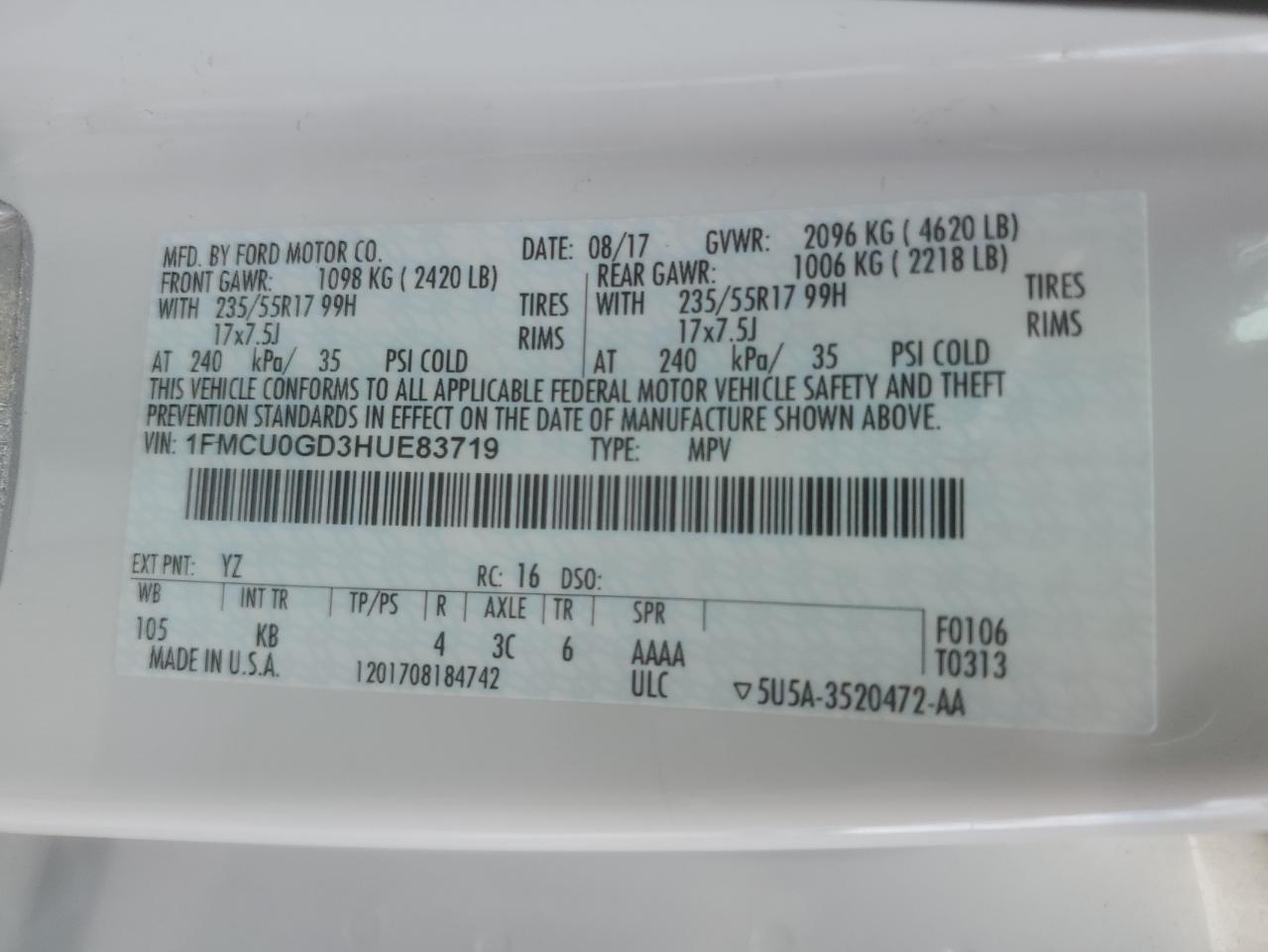 2017 Ford Escape Se VIN: 1FMCU0GD3HUE83719 Lot: 68208304