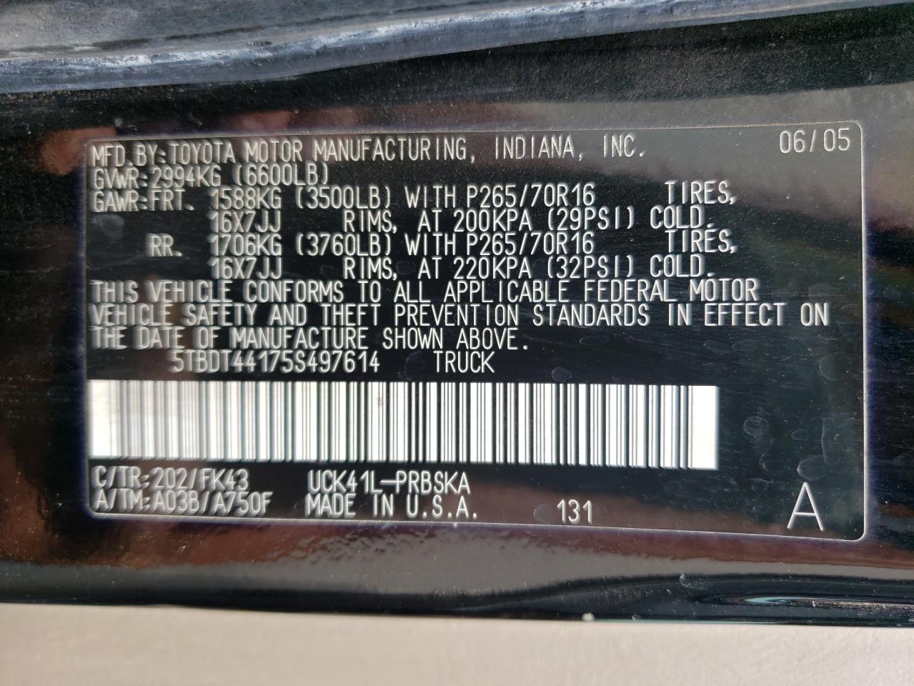 2005 Toyota Tundra Double Cab Sr5 VIN: 5TBDT44175S497614 Lot: 68527834