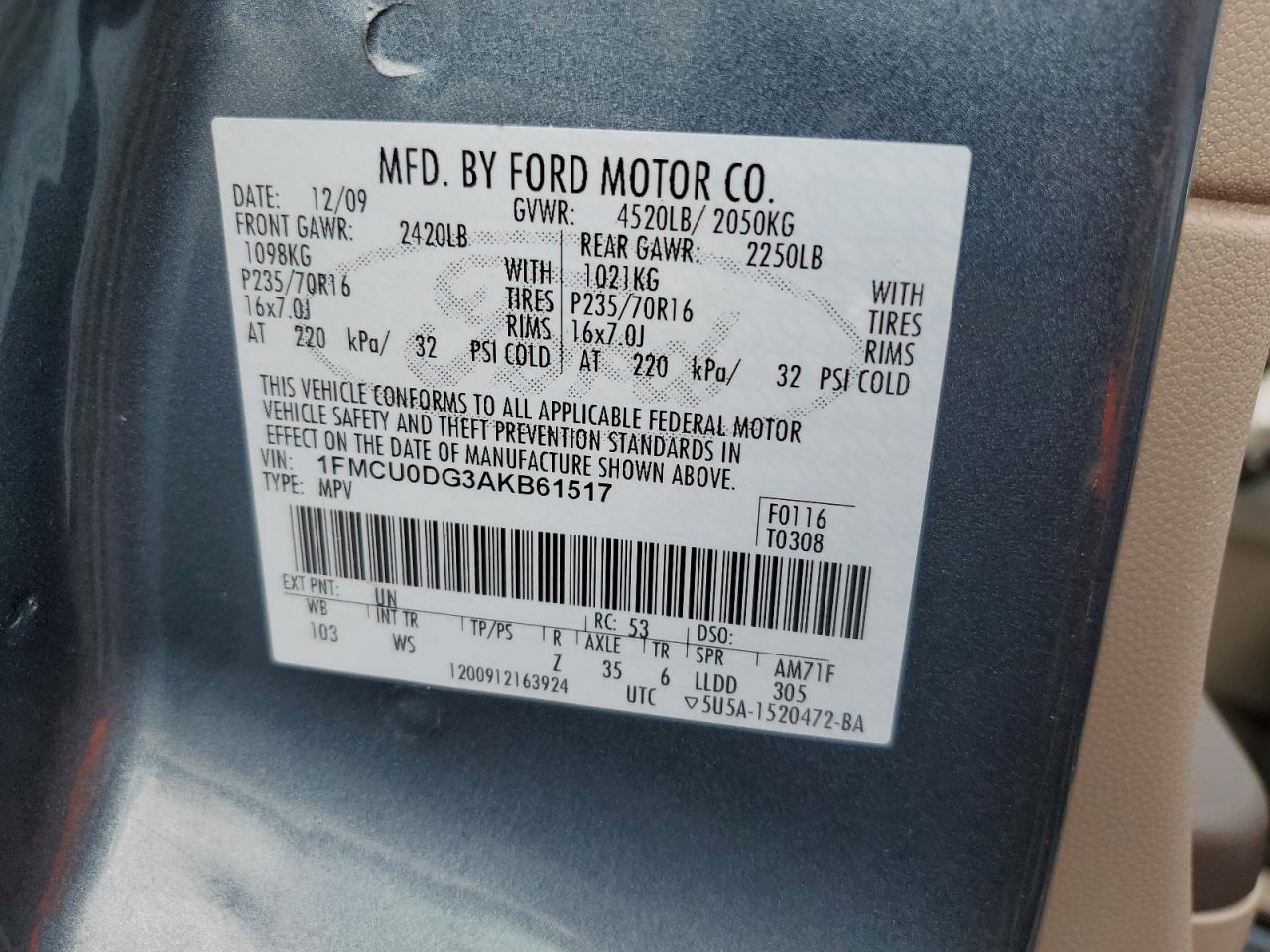 1FMCU0DG3AKB61517 2010 Ford Escape Xlt