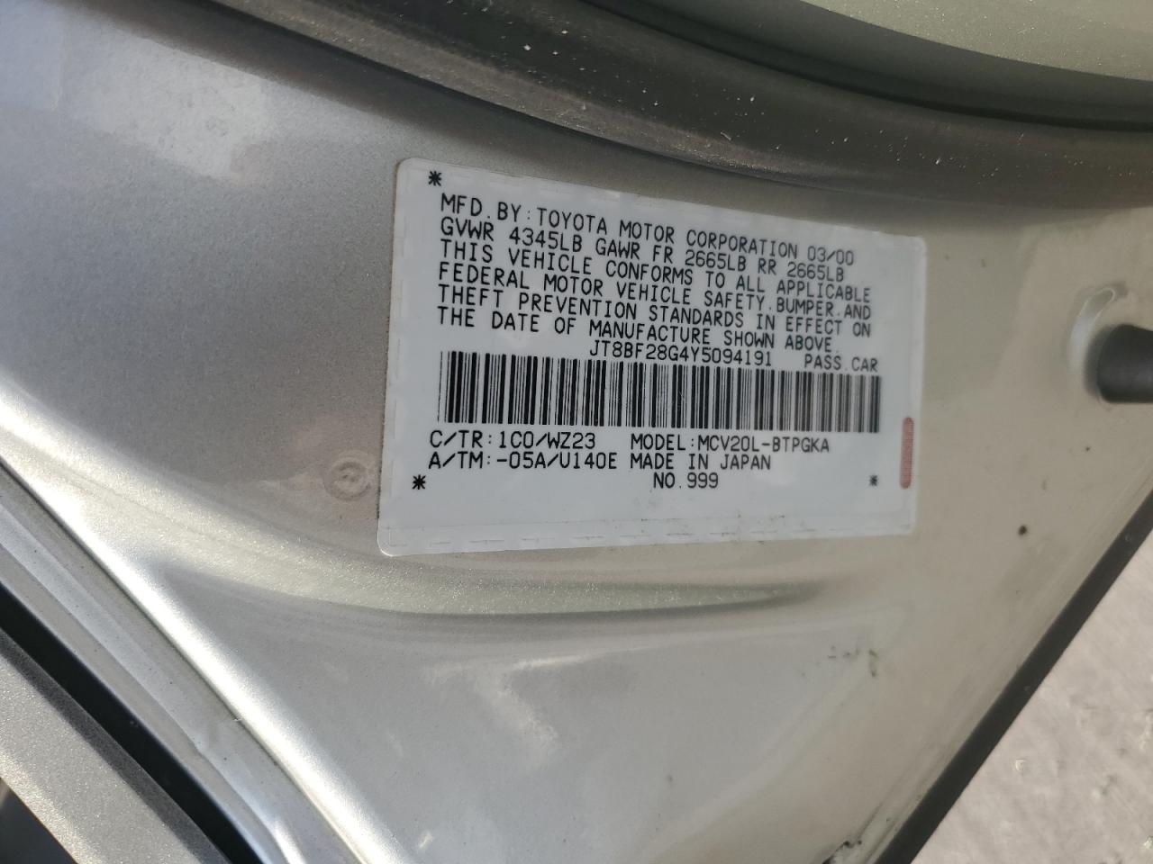 2000 Lexus Es 300 VIN: JT8BF28G4Y5094191 Lot: 69268494