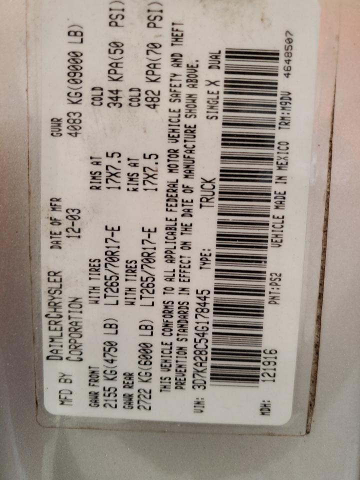 2004 Dodge Ram 2500 St VIN: 3D7KA28C54G178445 Lot: 65785714