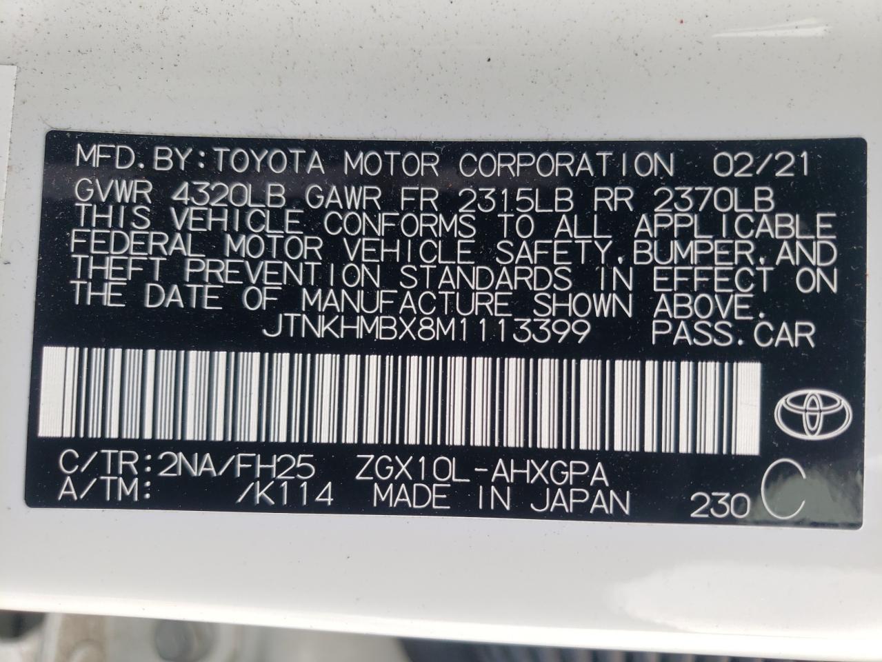 2021 Toyota C-Hr Xle VIN: JTNKHMBX8M1113399 Lot: 69315894