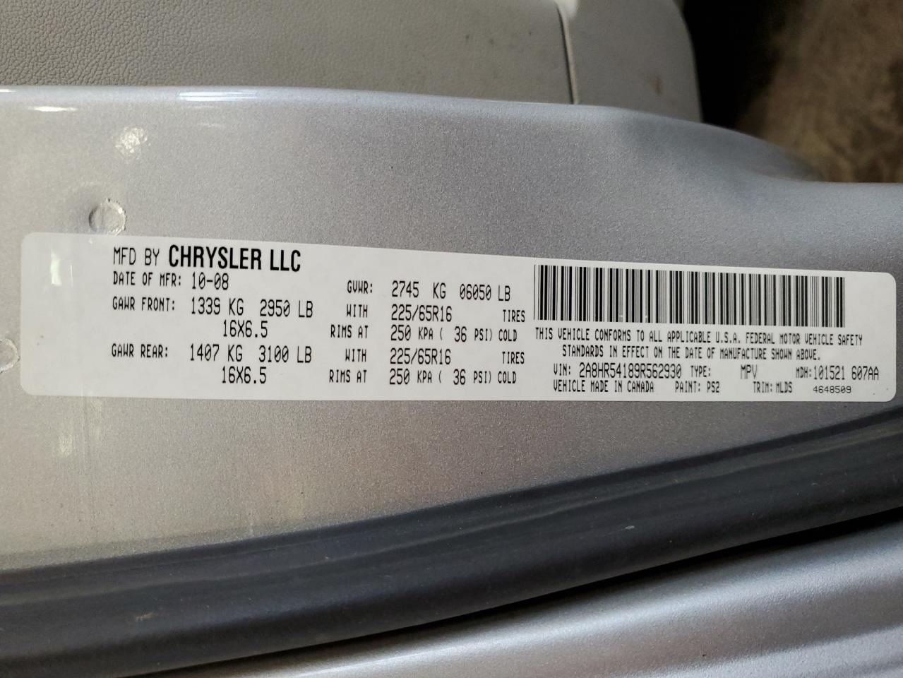 2009 Chrysler Town & Country Touring VIN: 2A8HR54189R562930 Lot: 65970294