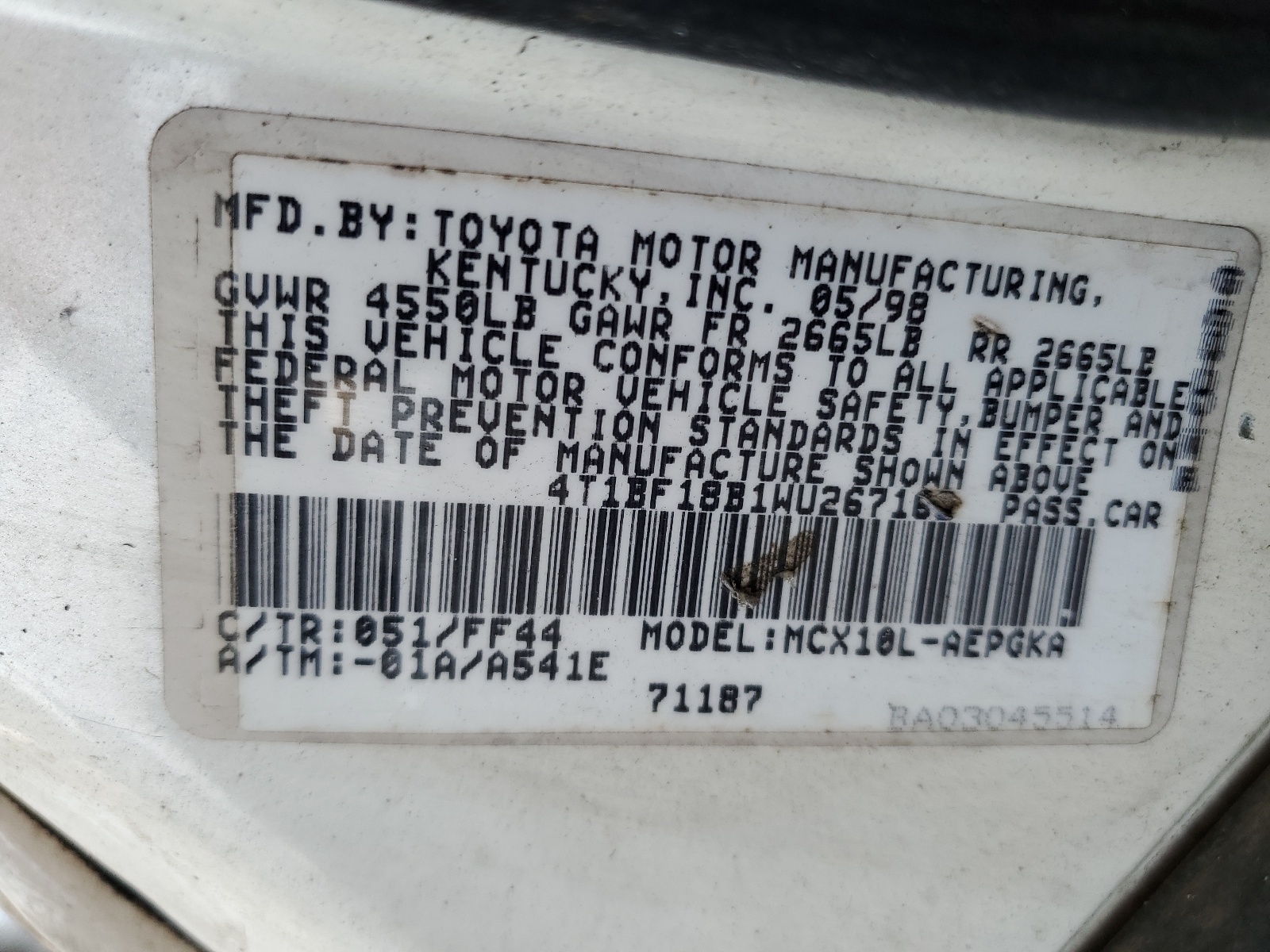 4T1BF18B1WU267163 1998 Toyota Avalon Xl