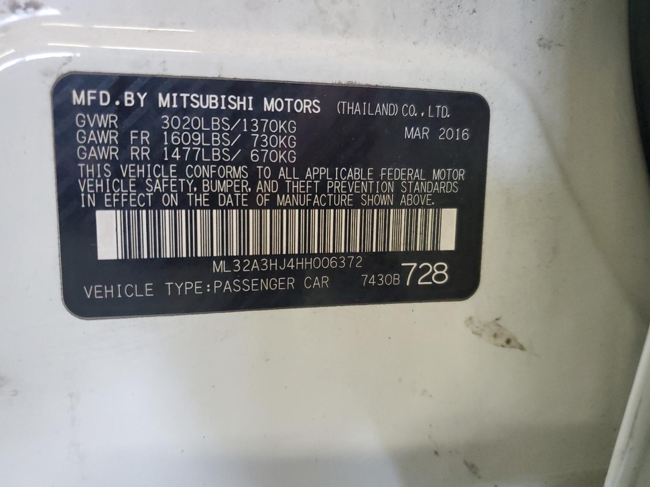 2017 Mitsubishi Mirage Es VIN: ML32A3HJ4HH006372 Lot: 68209624