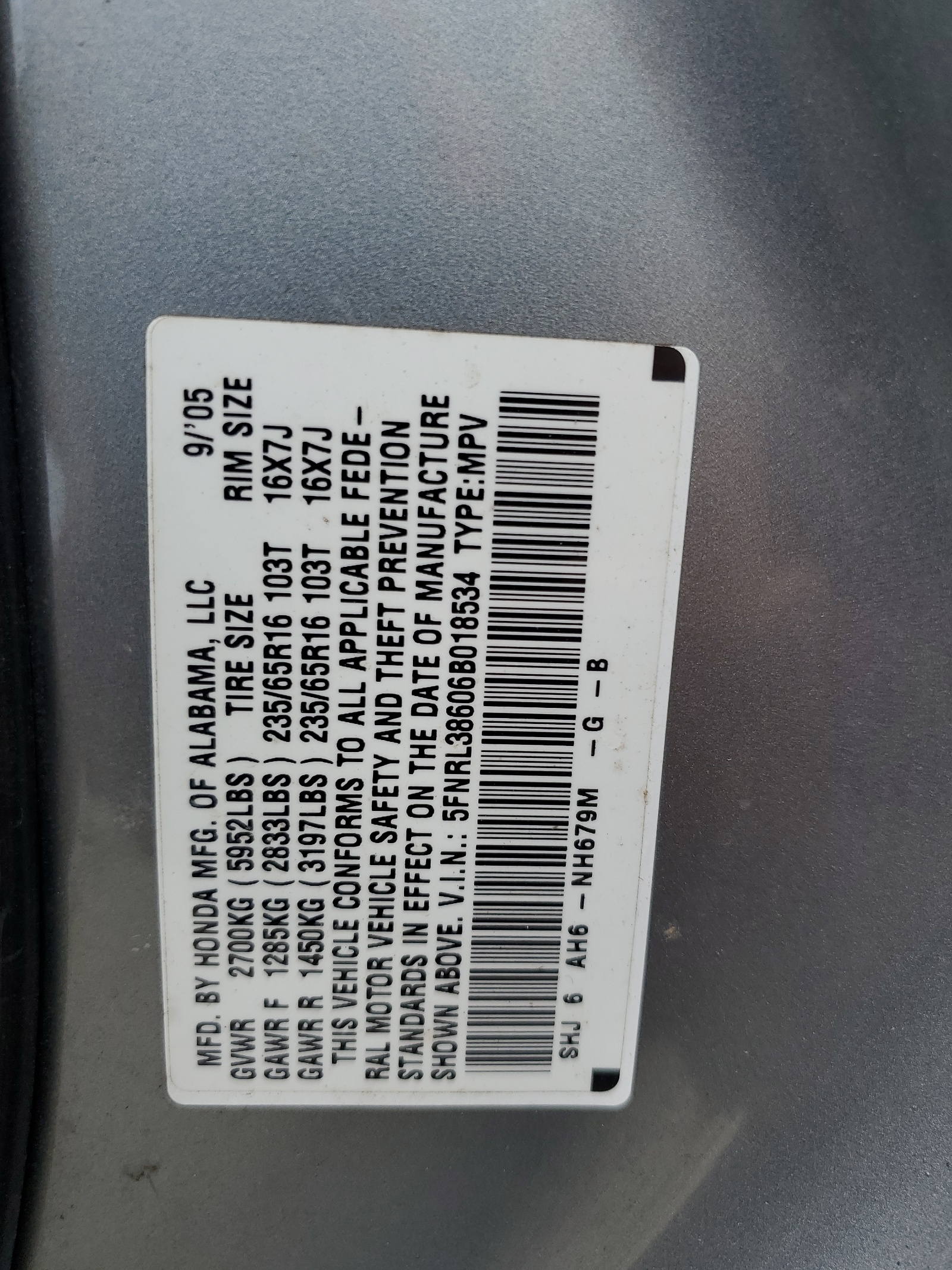 5FNRL38606B018534 2006 Honda Odyssey Exl