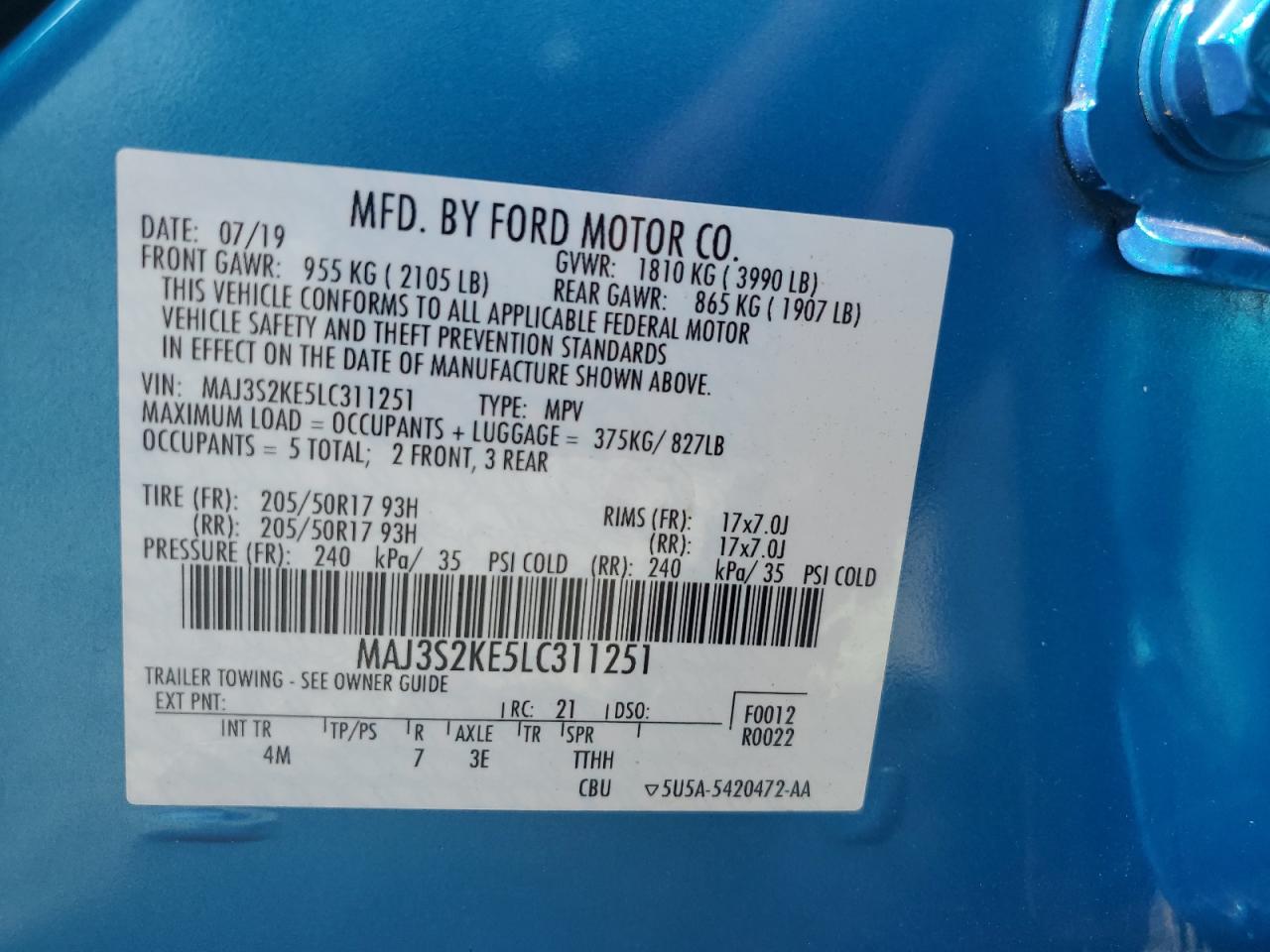 2020 Ford Ecosport Titanium VIN: MAJ3S2KE5LC311251 Lot: 65597724