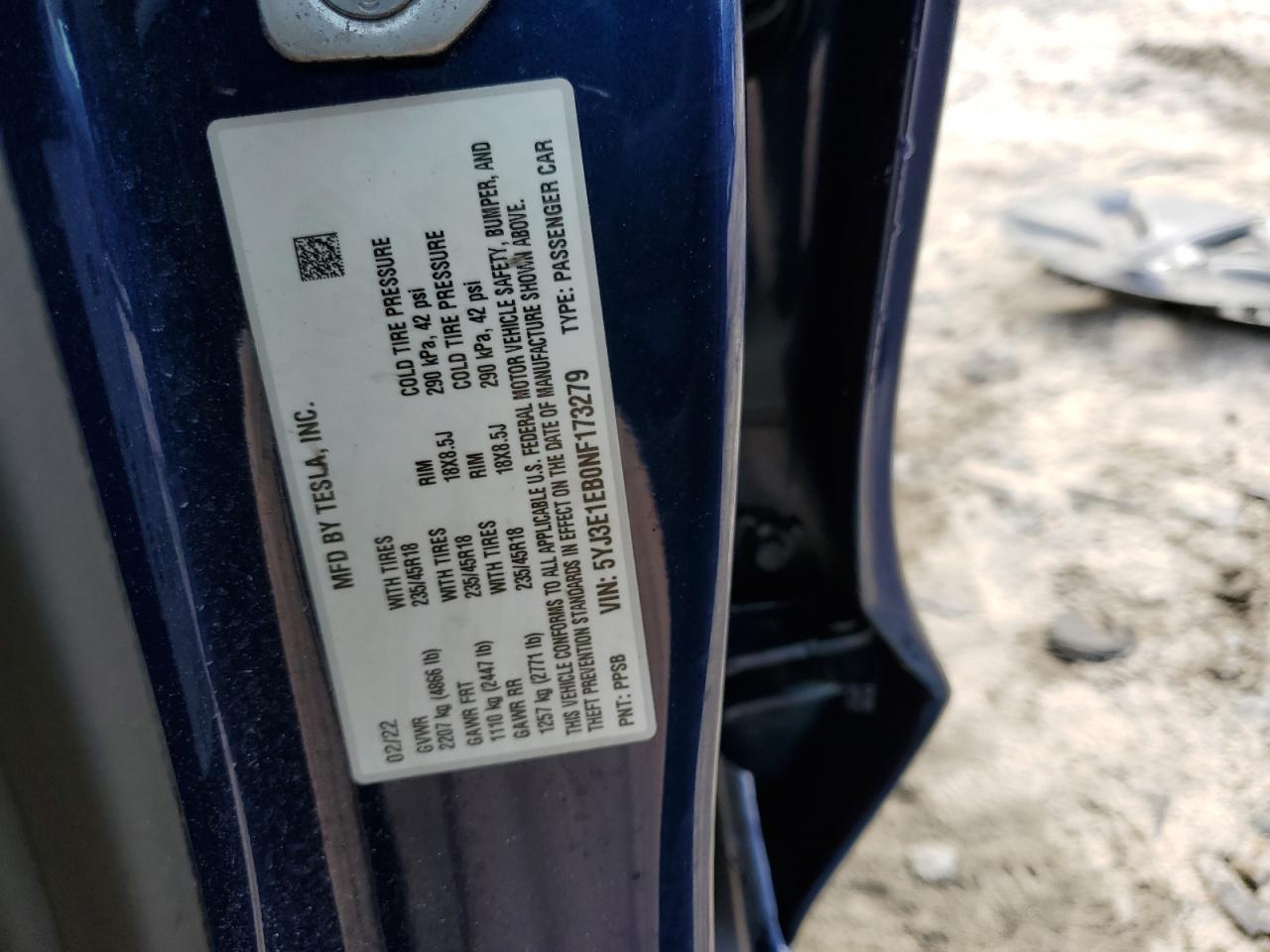 5YJ3E1EB0NF173279 2022 Tesla Model 3