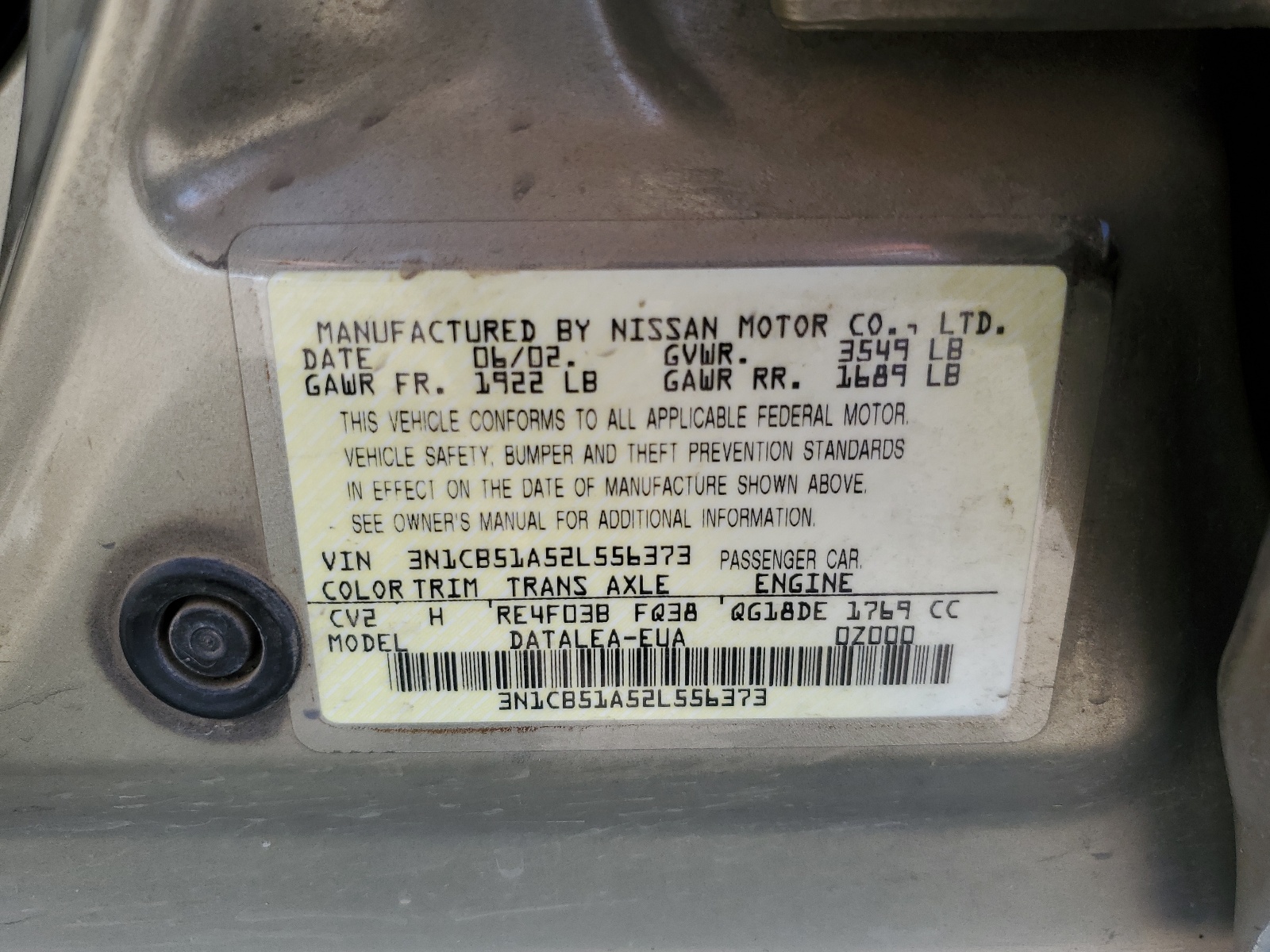3N1CB51A52L556373 2002 Nissan Sentra Gxe
