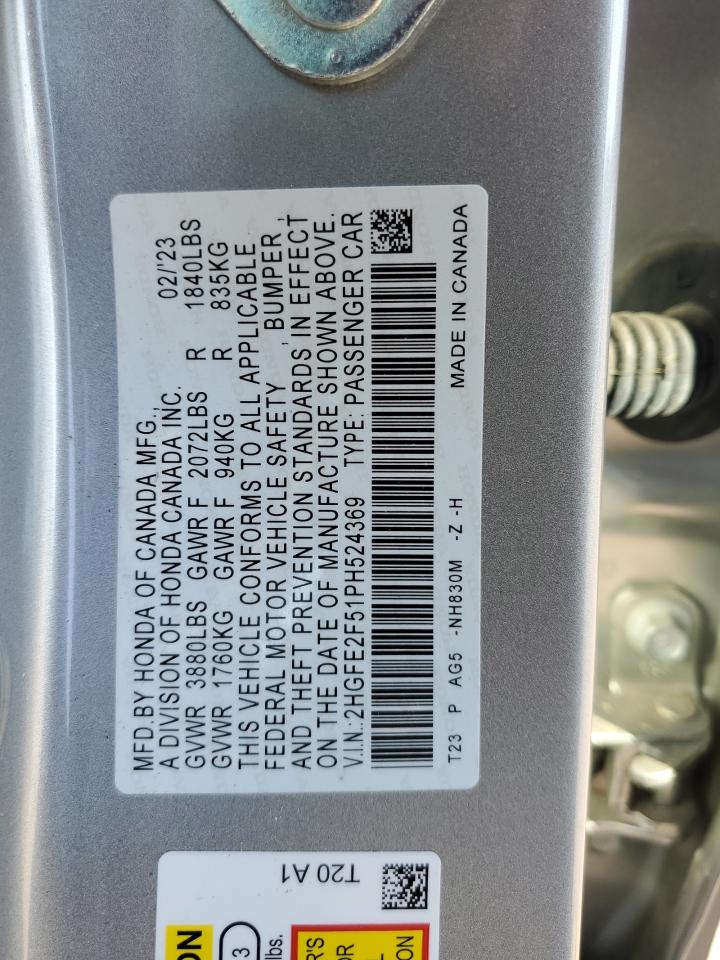 2023 Honda Civic Sport VIN: 2HGFE2F51PH524369 Lot: 69582244