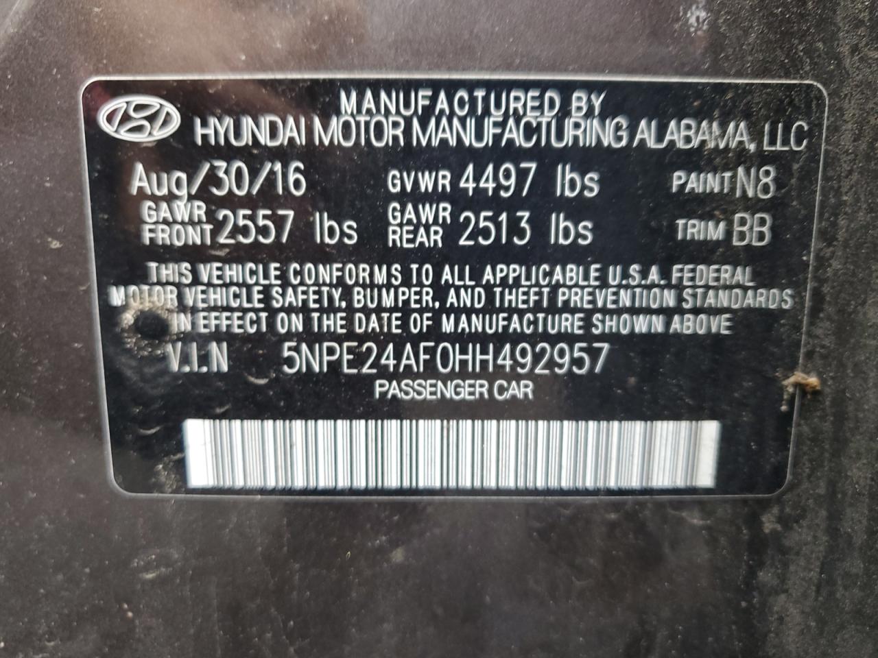 2017 Hyundai Sonata Se VIN: 5NPE24AF0HH492957 Lot: 68075934