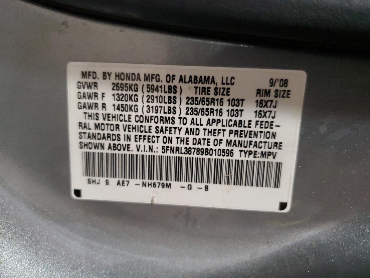 2009 Honda Odyssey Exl VIN: 5FNRL38789B010596 Lot: 66984464