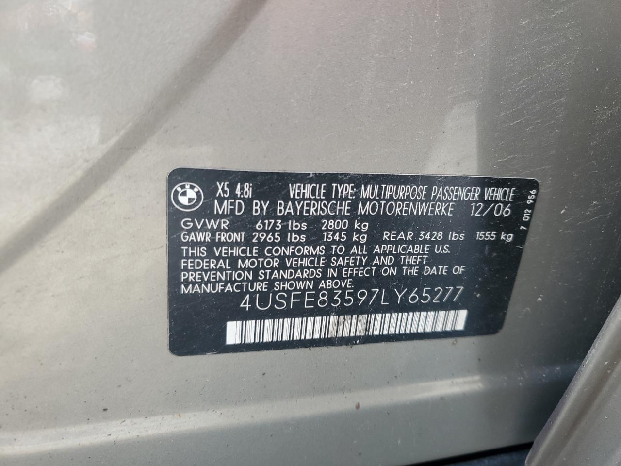 2007 BMW X5 4.8I VIN: 4USFE83597LY65277 Lot: 68823784