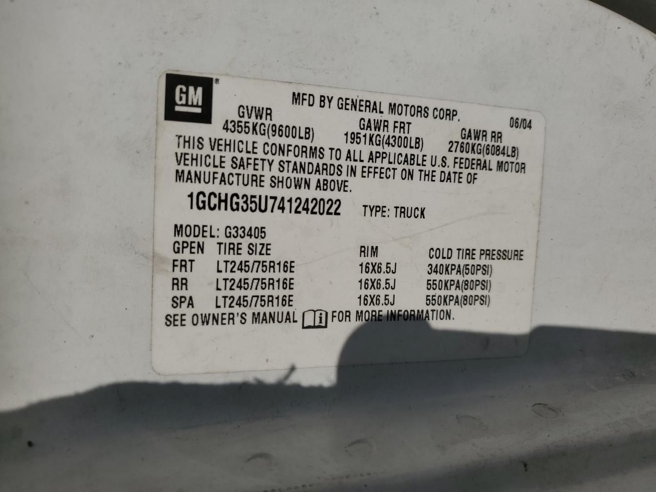 2004 Chevrolet Express G3500 VIN: 1GCHG35U741242022 Lot: 66660374