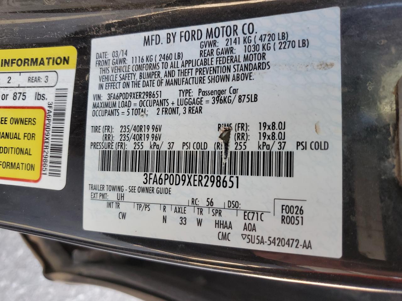 2014 Ford Fusion Titanium VIN: 3FA6P0D9XER298651 Lot: 67000364