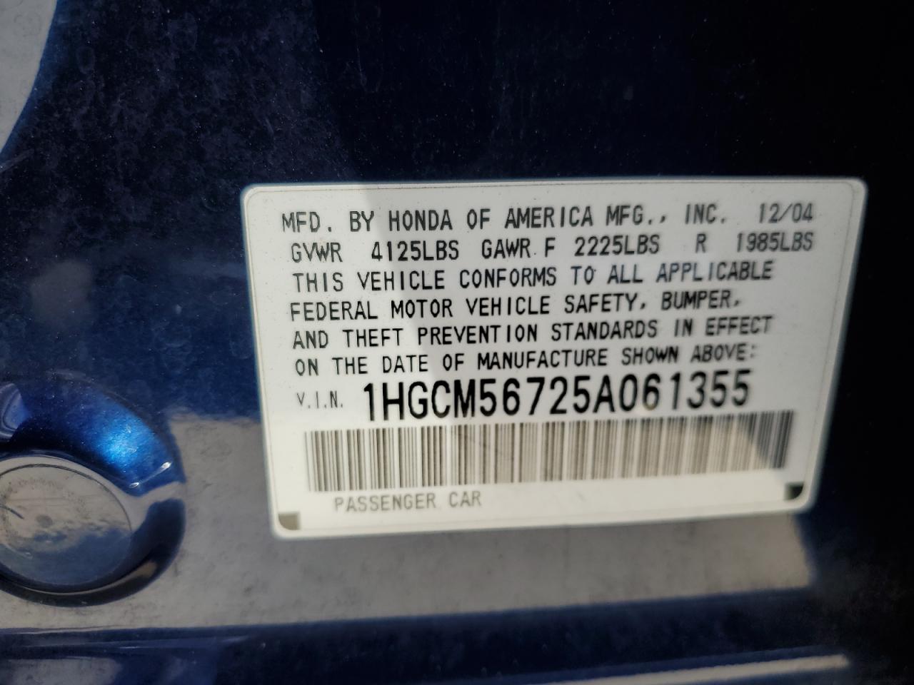 2005 Honda Accord Ex VIN: 1HGCM56725A061355 Lot: 65640764