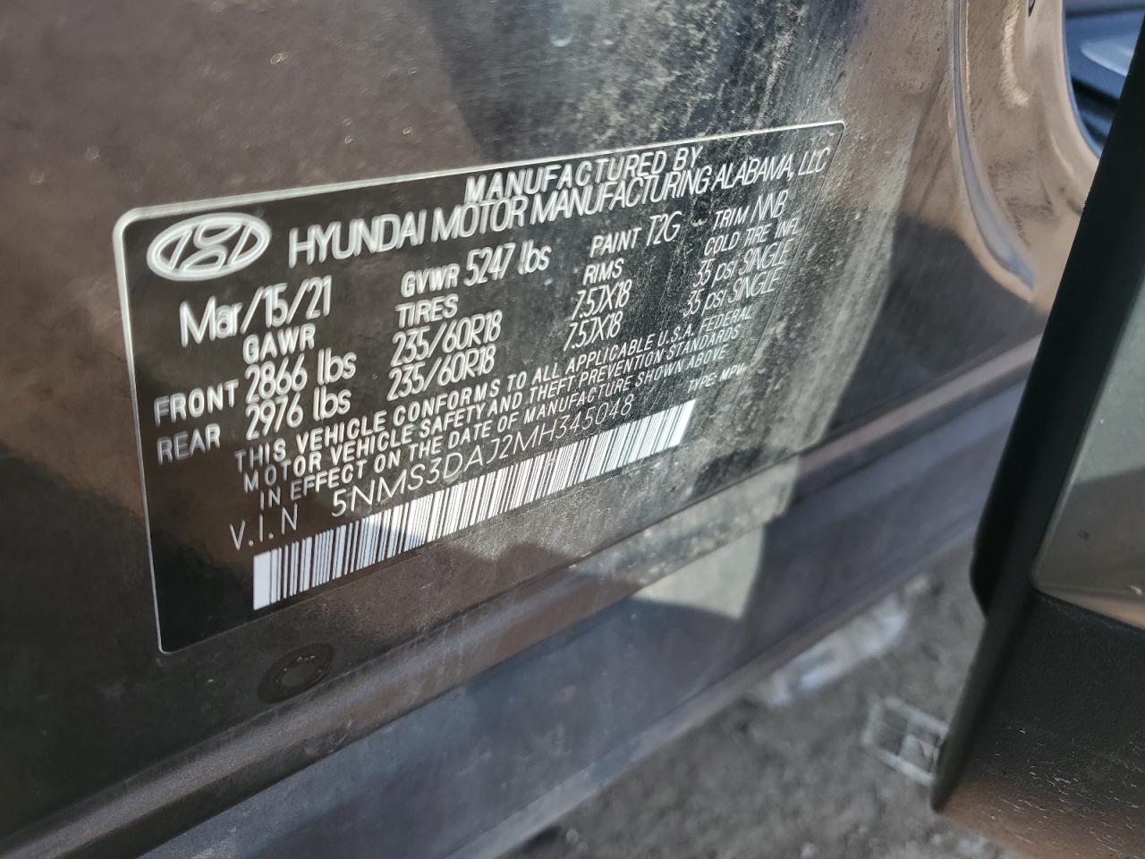 5NMS3DAJ2MH345048 2021 Hyundai Santa Fe Sel