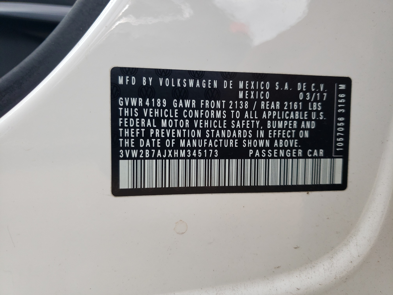 3VW2B7AJXHM345173 2017 Volkswagen Jetta S