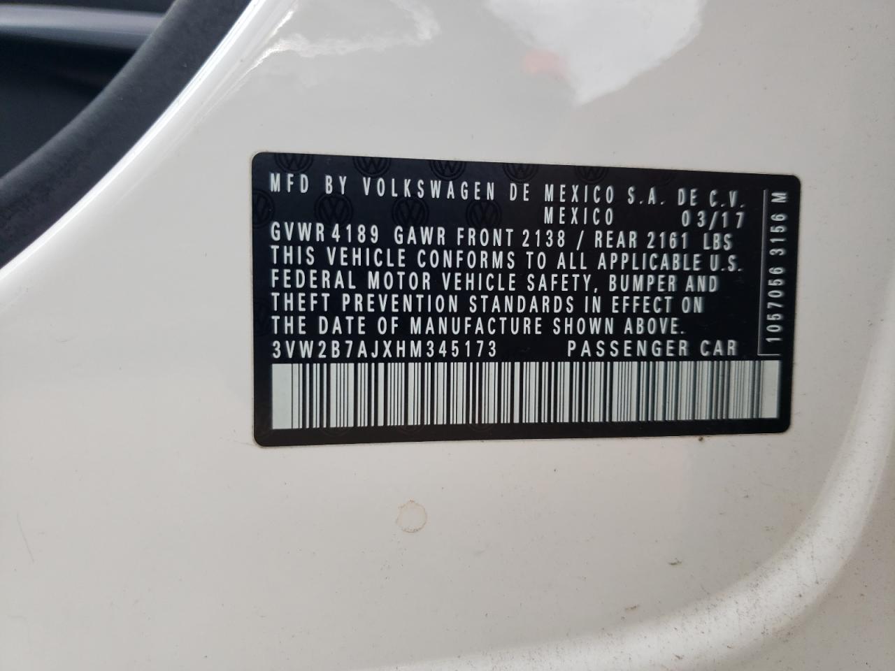 2017 Volkswagen Jetta S VIN: 3VW2B7AJXHM345173 Lot: 65075504
