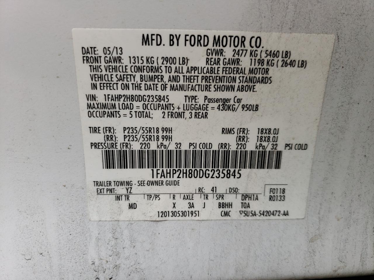 2013 Ford Taurus Sel VIN: 1FAHP2H80DG235845 Lot: 68394104