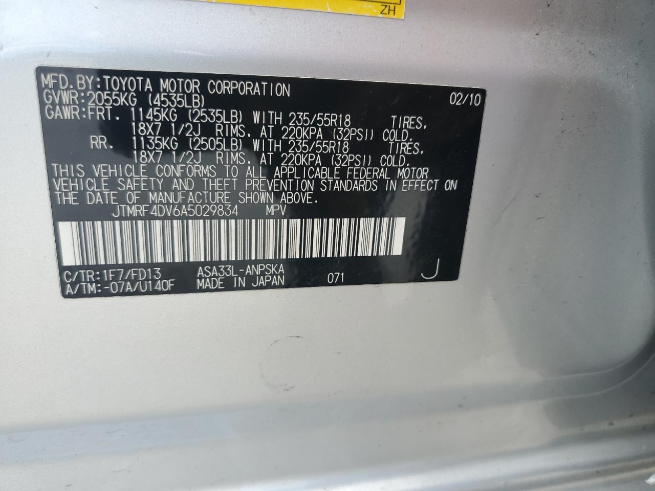 2010 Toyota Rav4 Sport VIN: JTMRF4DV6A5029834 Lot: 68906904