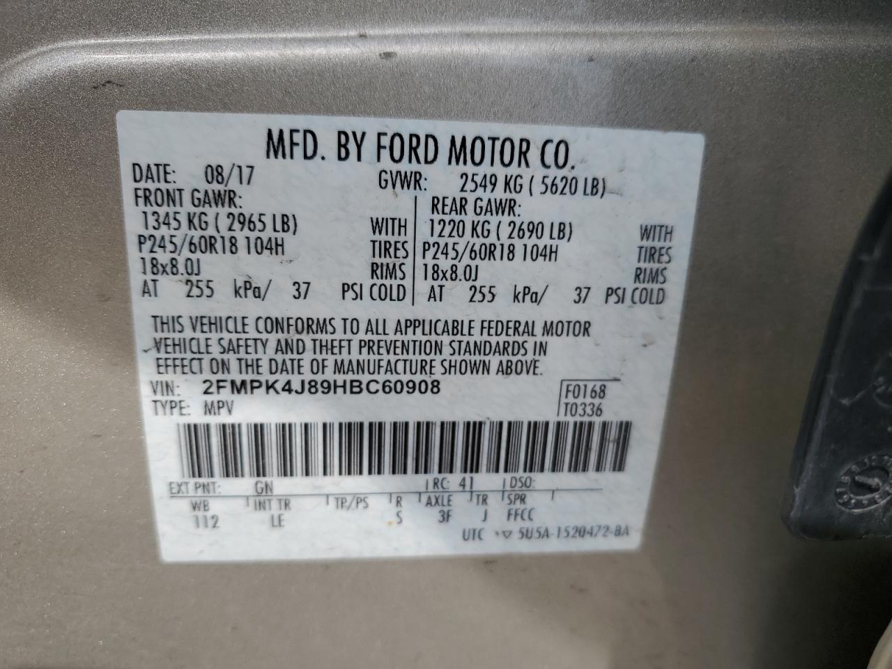 2017 Ford Edge Sel VIN: 2FMPK4J89HBC60908 Lot: 66077794