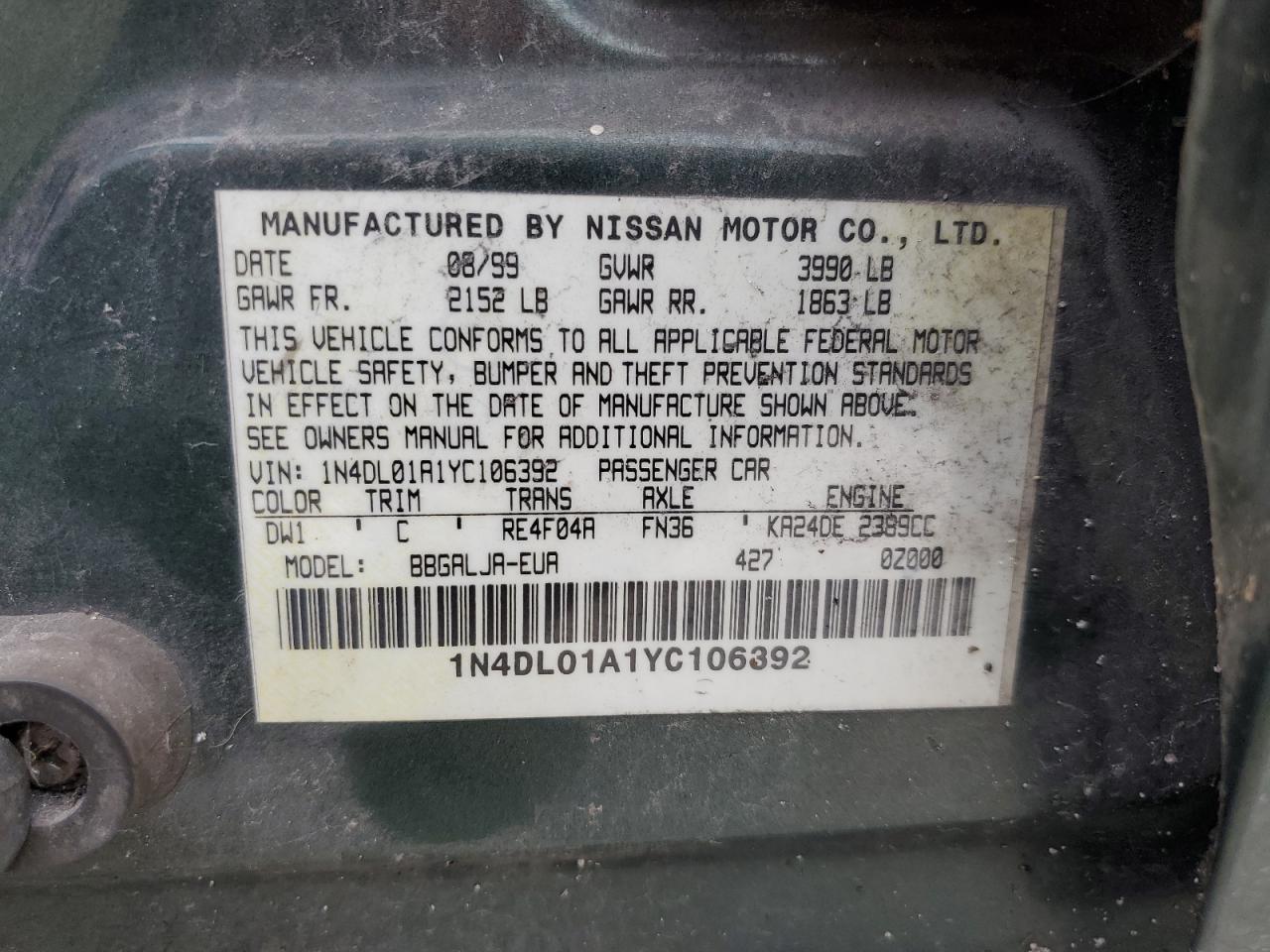 2000 Nissan Altima Xe VIN: 1N4DL01A1YC106392 Lot: 66407404