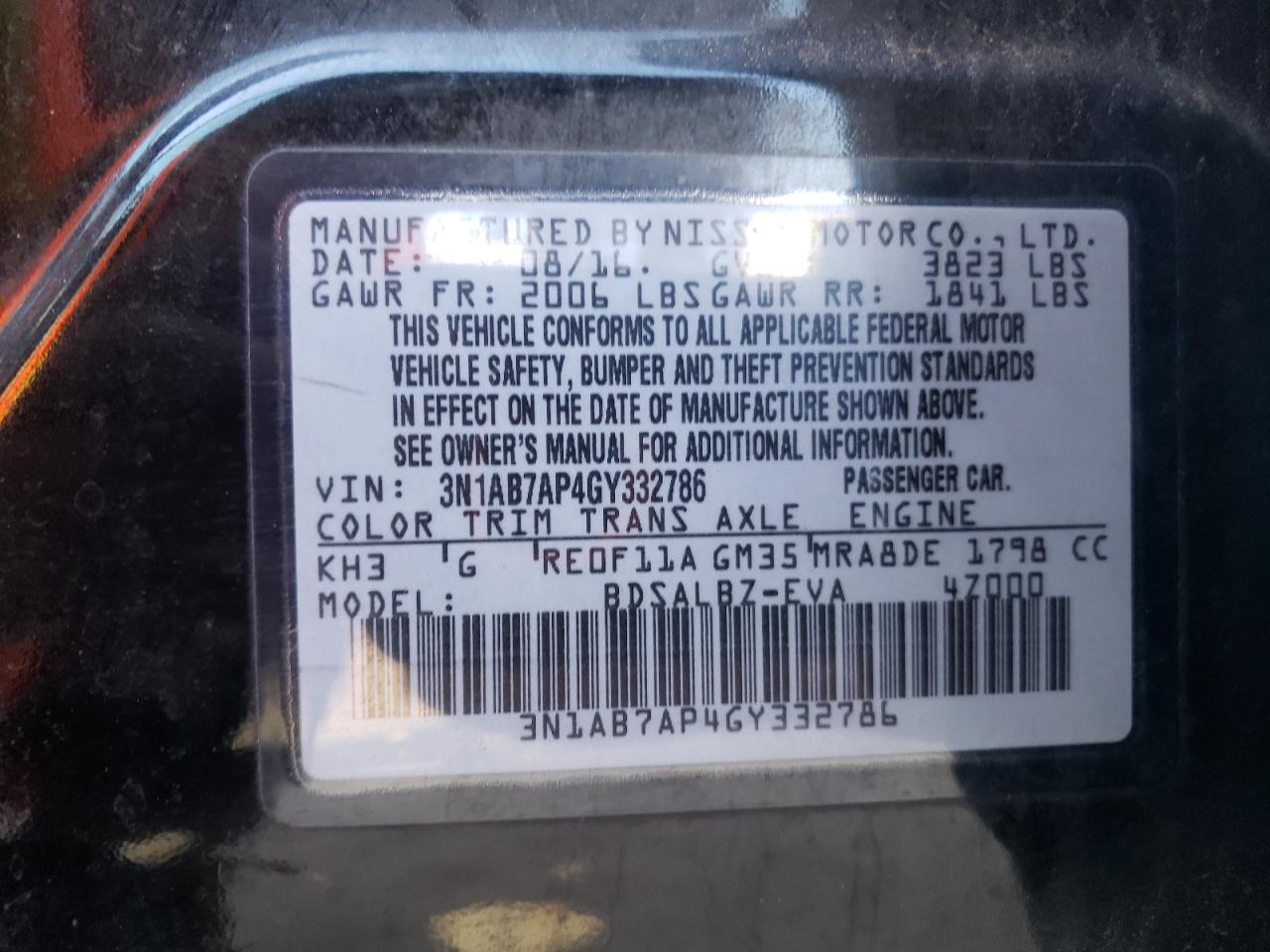 3N1AB7AP4GY332786 2016 Nissan Sentra S