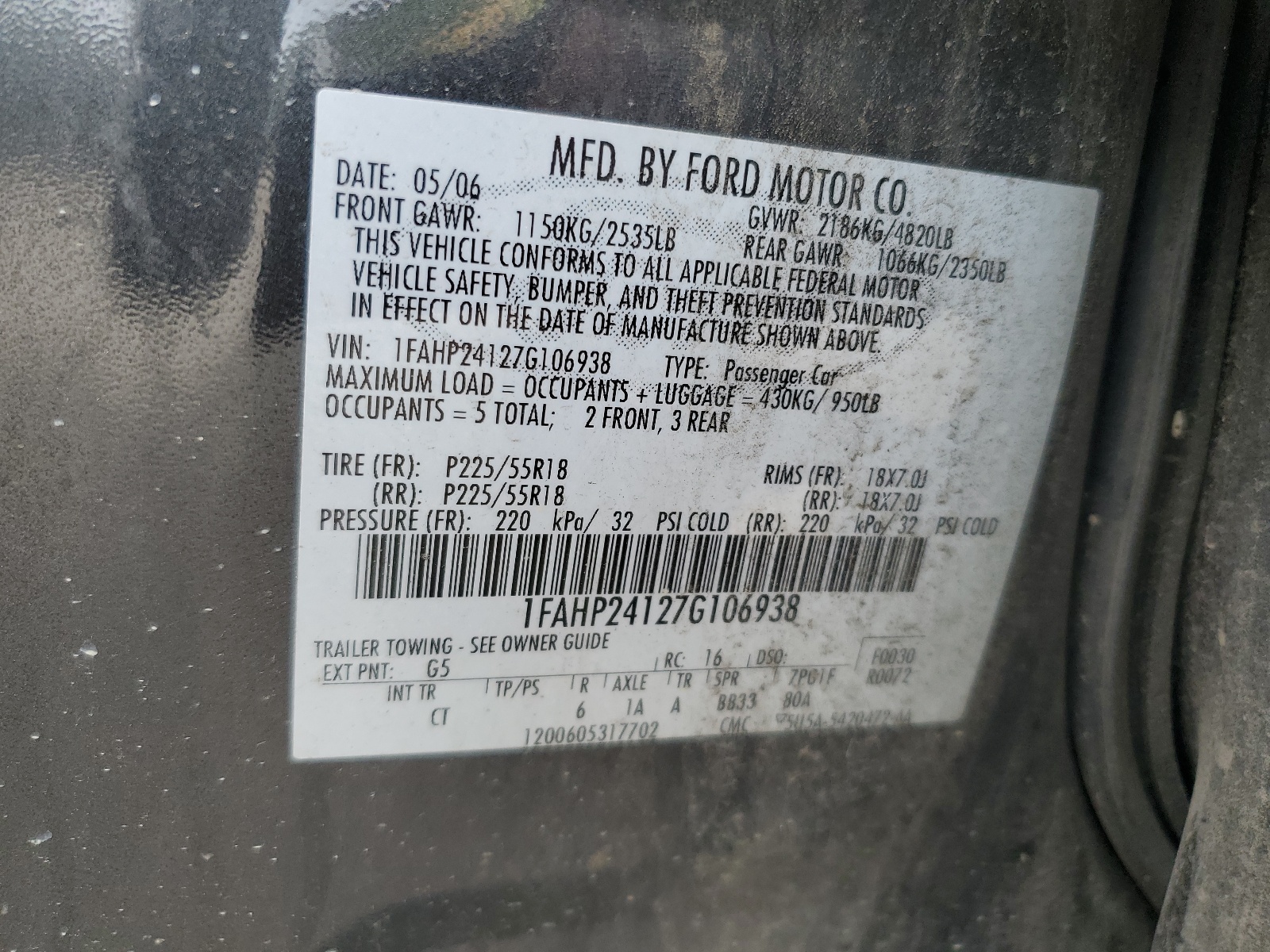 1FAHP24127G106938 2007 Ford Five Hundred Sel