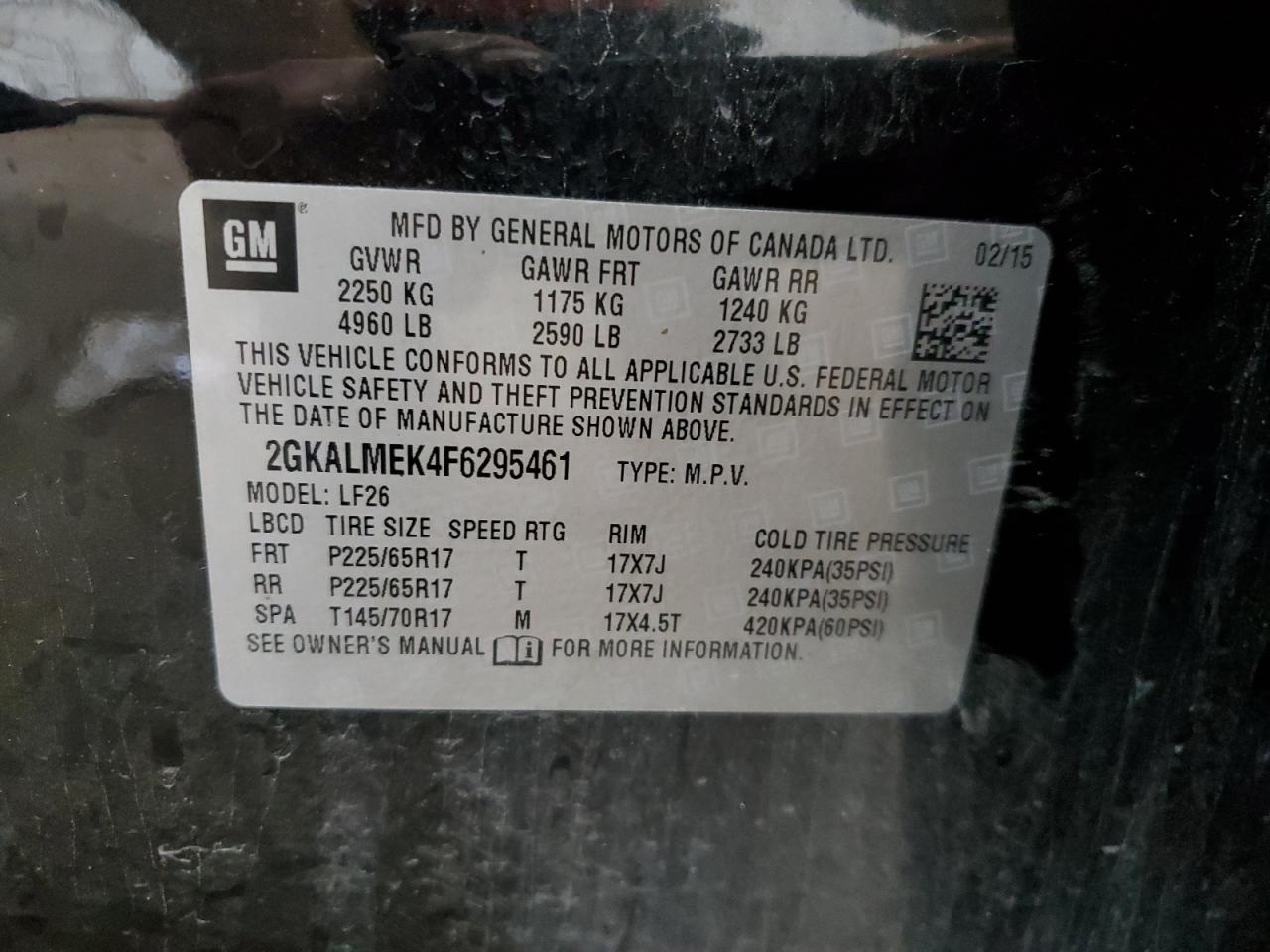 2015 GMC Terrain Sle VIN: 2GKALMEK4F6295461 Lot: 65788964