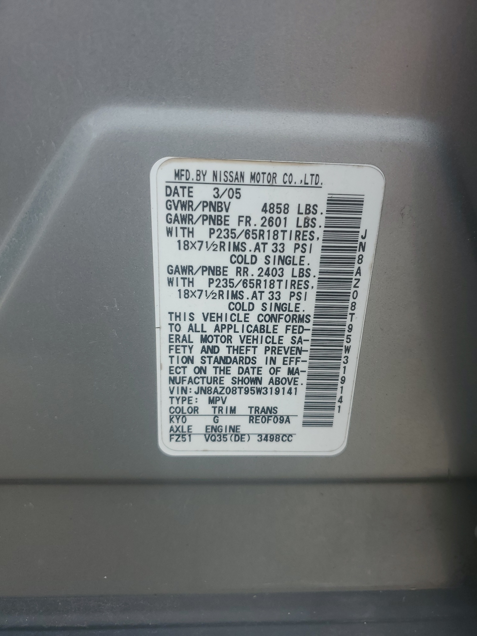 JN8AZ08T95W319141 2005 Nissan Murano Sl