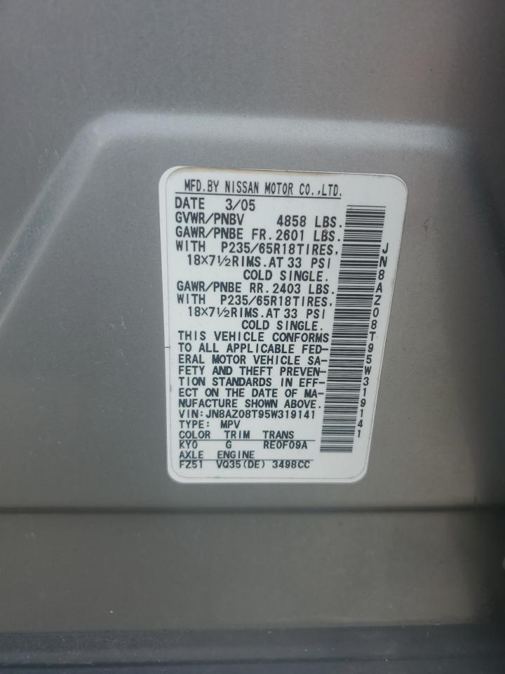 2005 Nissan Murano Sl VIN: JN8AZ08T95W319141 Lot: 66105644