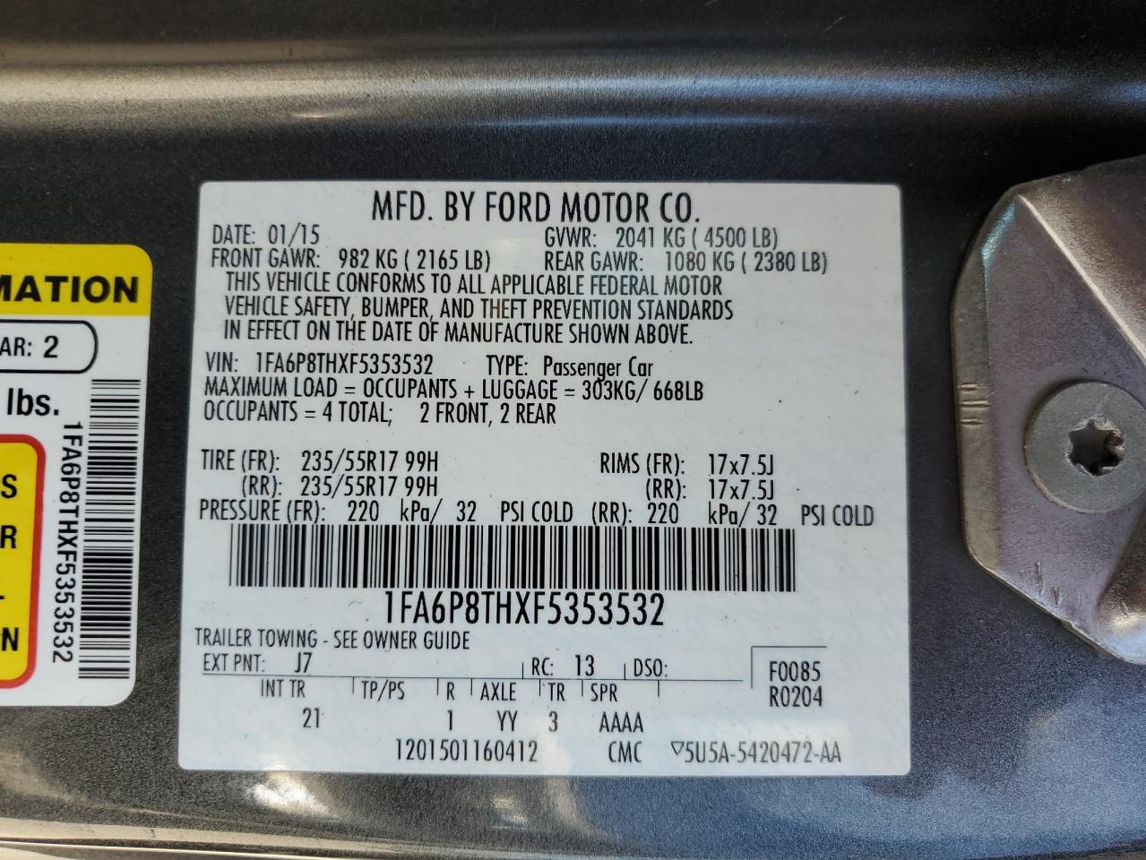 2015 Ford Mustang VIN: 1FA6P8THXF5353532 Lot: 67844654