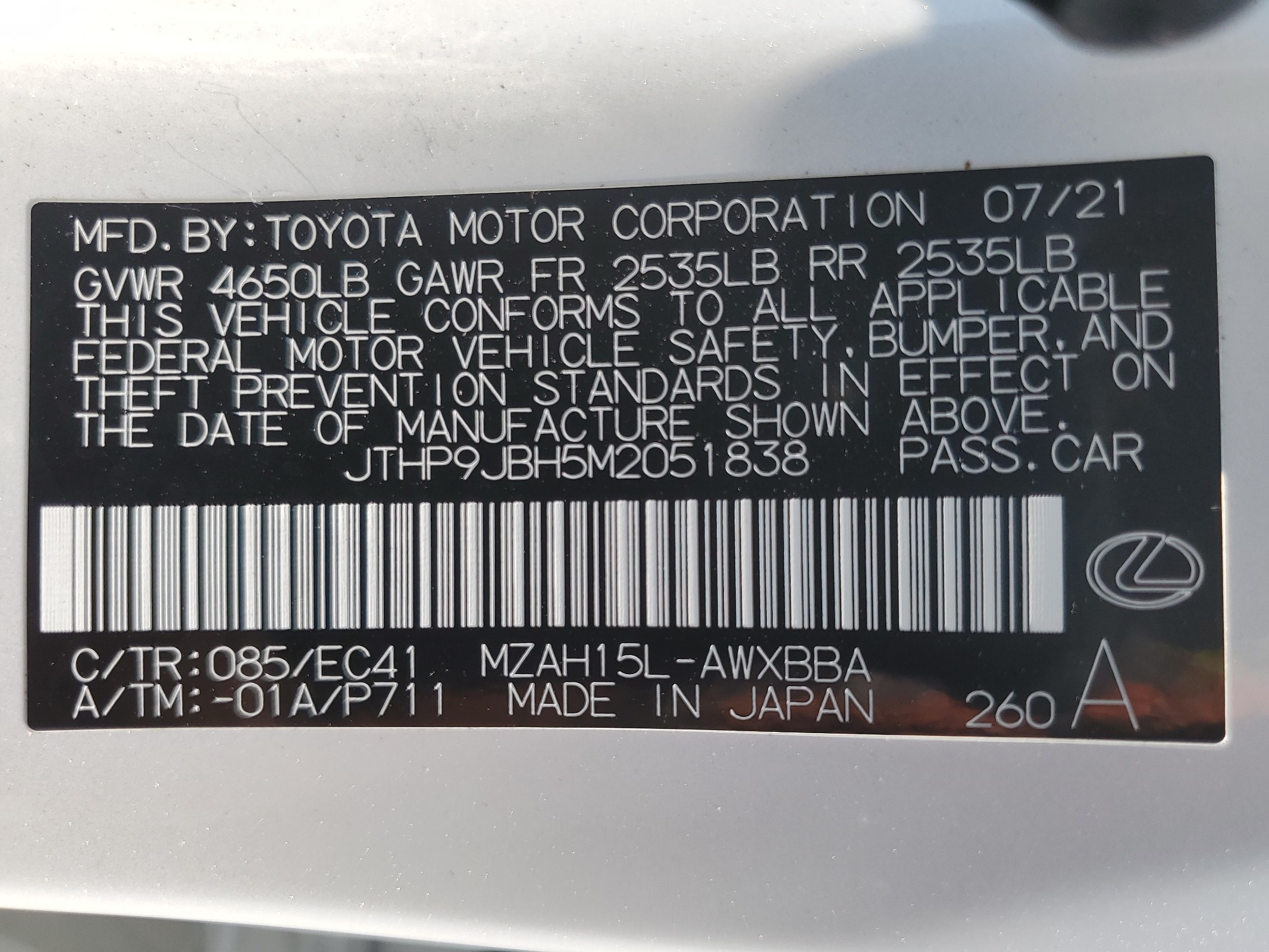 JTHP9JBH5M2051838 2021 Lexus Ux 250H