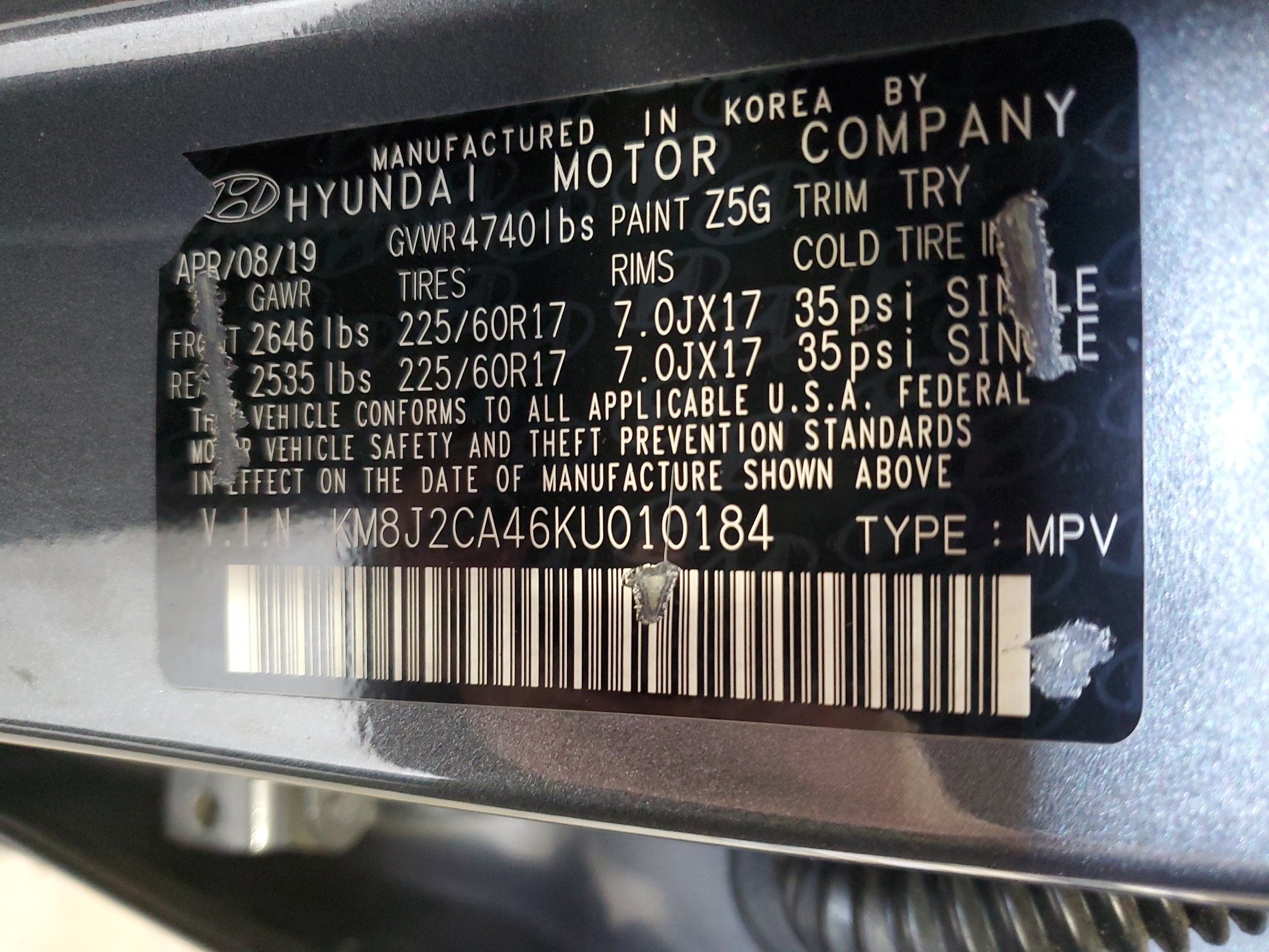 KM8J2CA46KU010184 2019 Hyundai Tucson Se