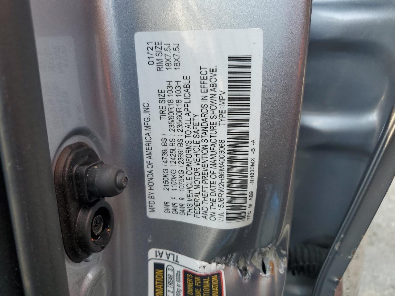 2021 Honda Cr-V Exl VIN: 5J6RW2H86MA003068 Lot: 65446514