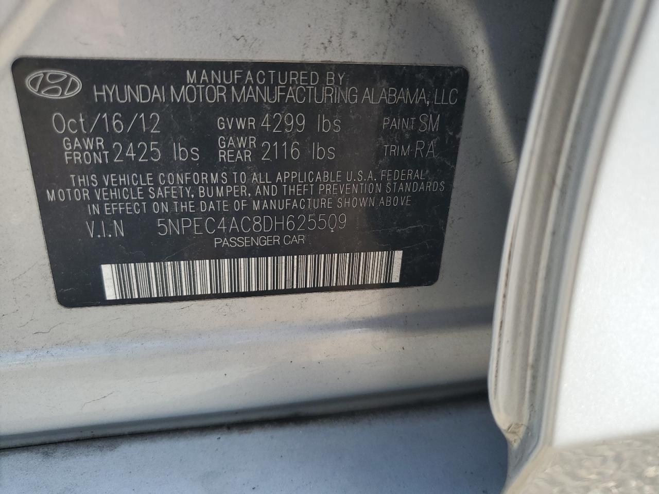 2013 Hyundai Sonata Se VIN: 5NPEC4AC8DH625509 Lot: 67143654