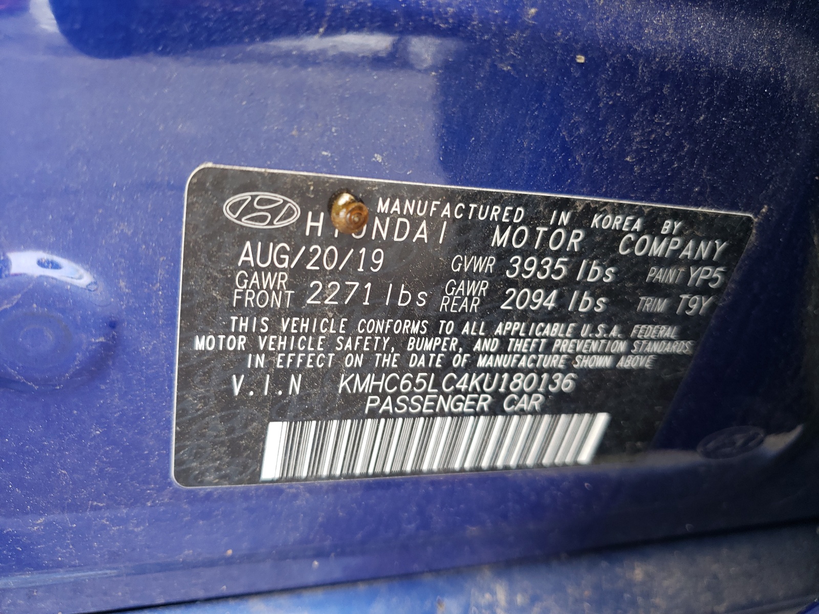 KMHC65LC4KU180136 2019 Hyundai Ioniq Blue