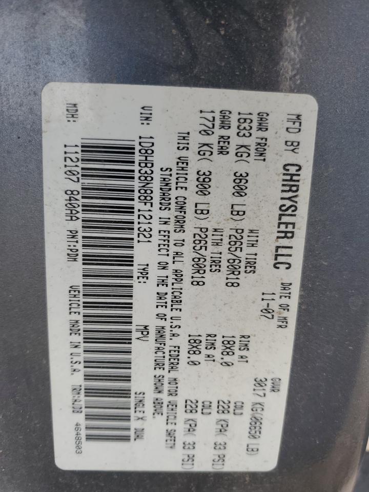 2008 Dodge Durango Sxt VIN: 1D8HB38N88F121321 Lot: 68656454