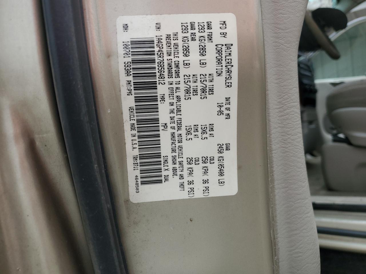 2006 Chrysler Town & Country VIN: 1A4GP45R76B564812 Lot: 67266134