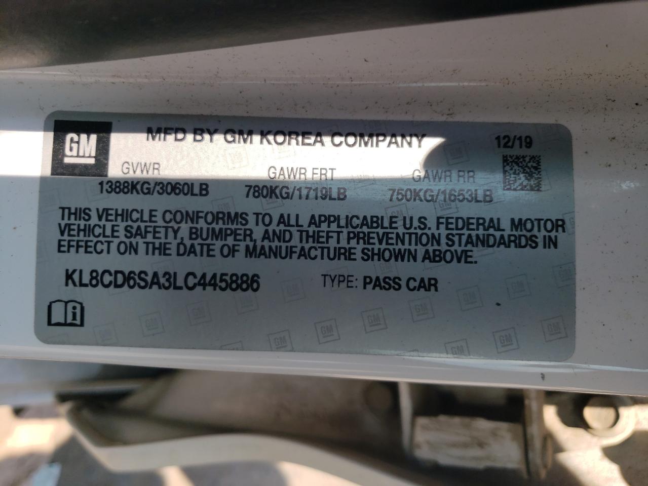 2020 Chevrolet Spark 1Lt VIN: KL8CD6SA3LC445886 Lot: 66288174