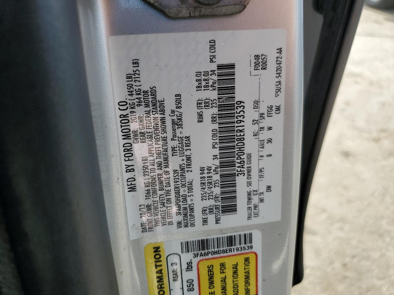 2014 Ford Fusion Se VIN: 3FA6P0HD8ER193539 Lot: 65398894