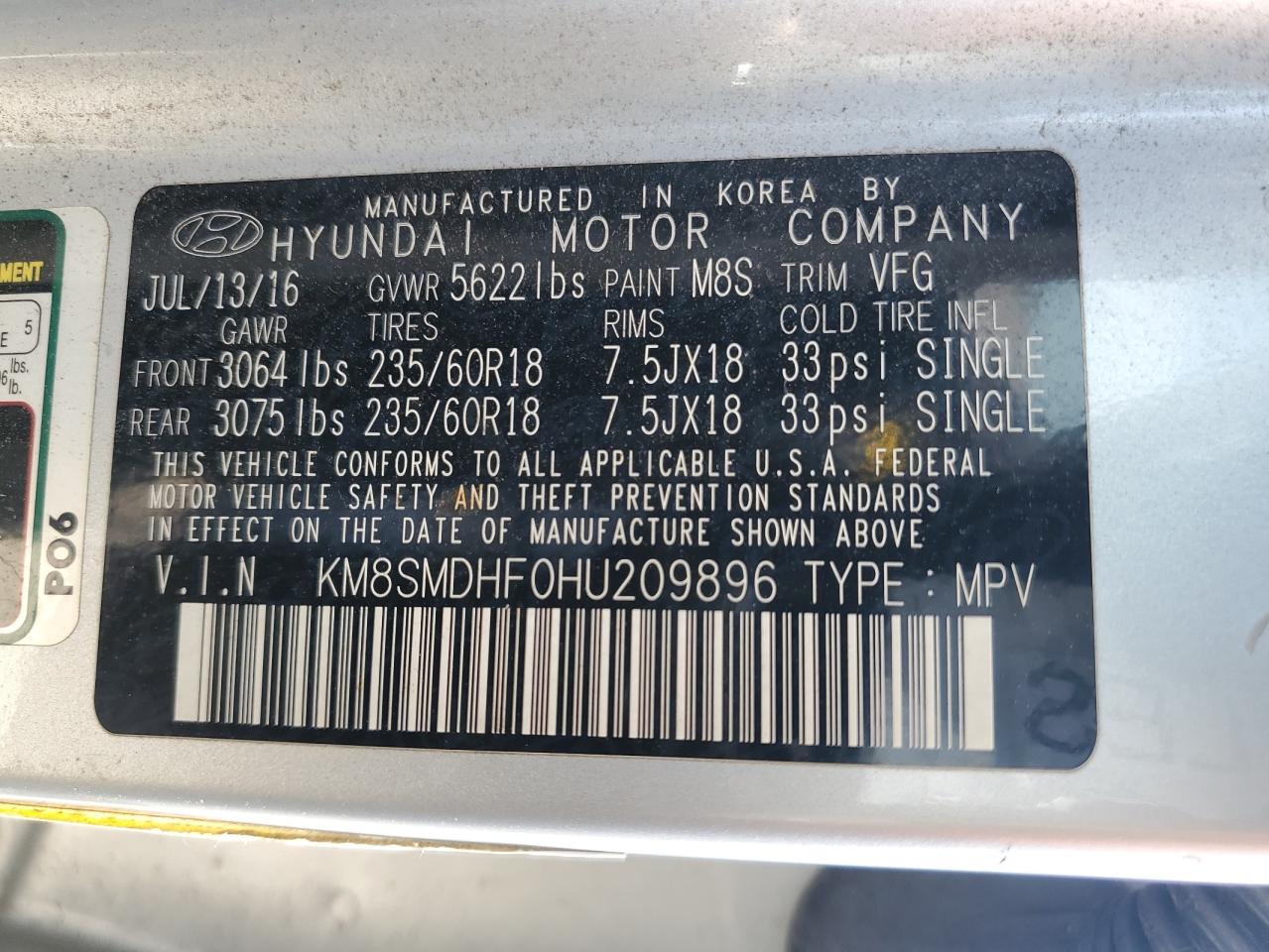 KM8SMDHF0HU209896 2017 Hyundai Santa Fe Se