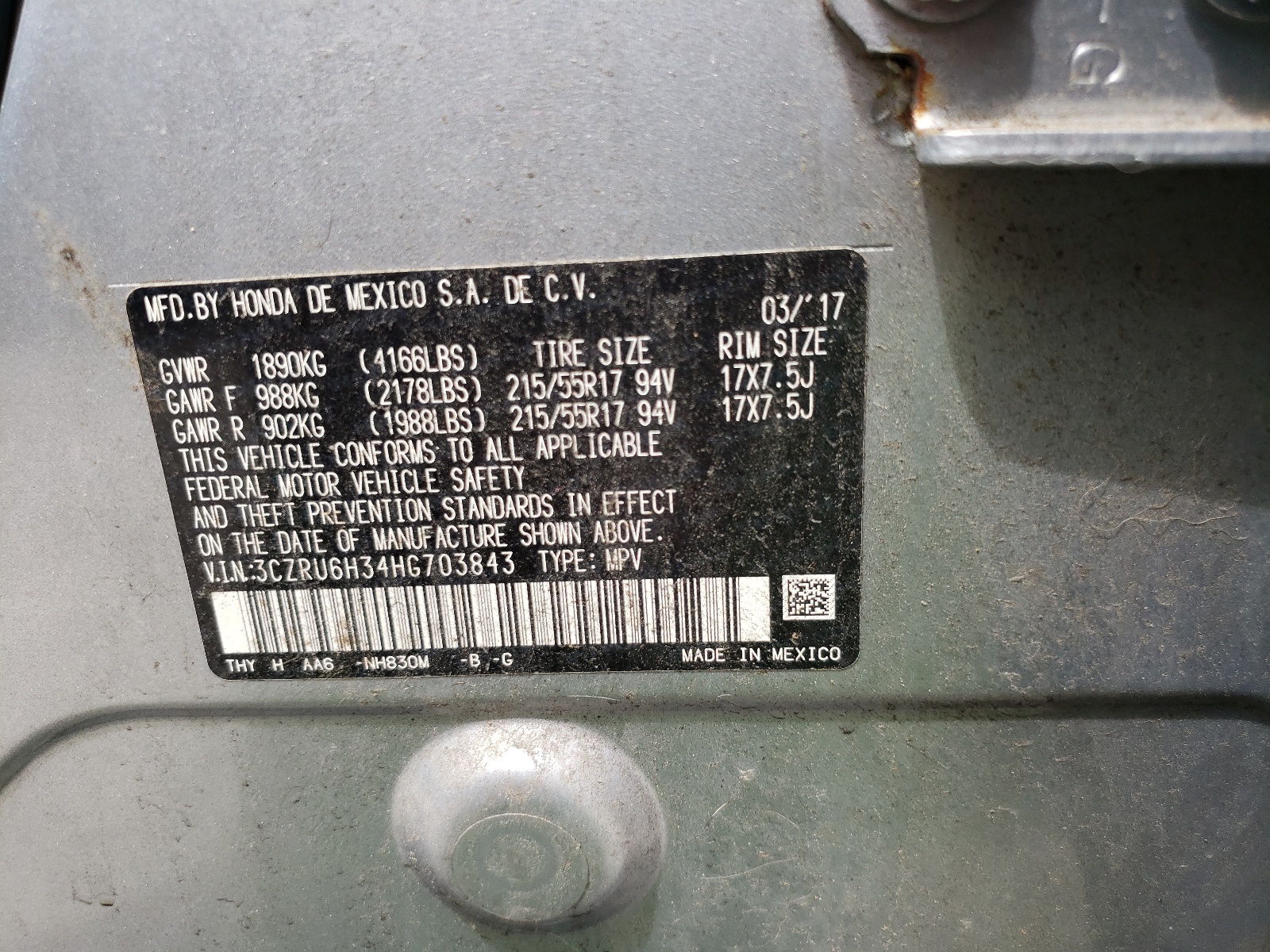 3CZRU6H34HG703843 2017 Honda Hr-V Lx